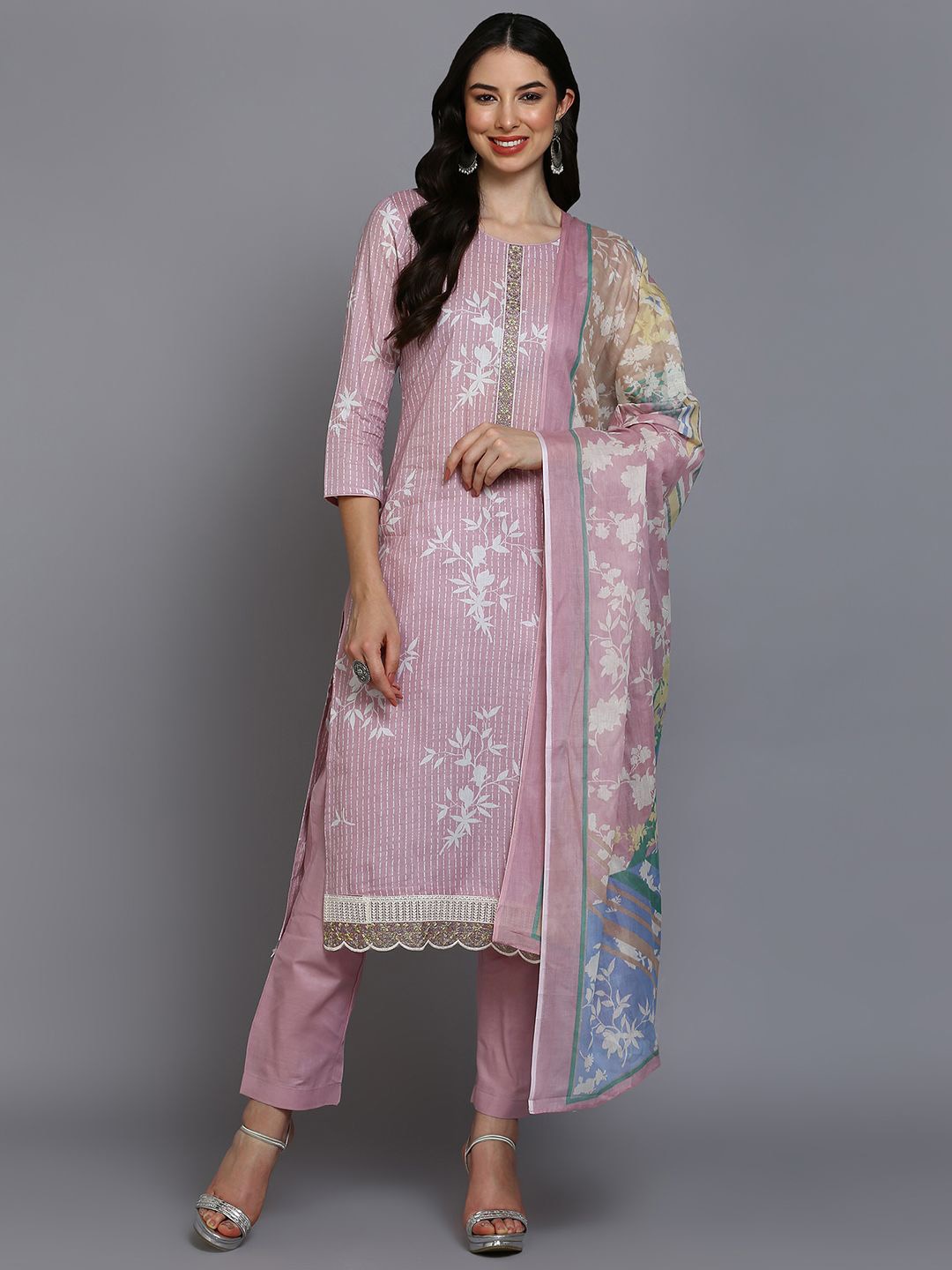 

KALINI Floral Printed Sequinned Straight Kurta With Trousers & Dupatta, Pink