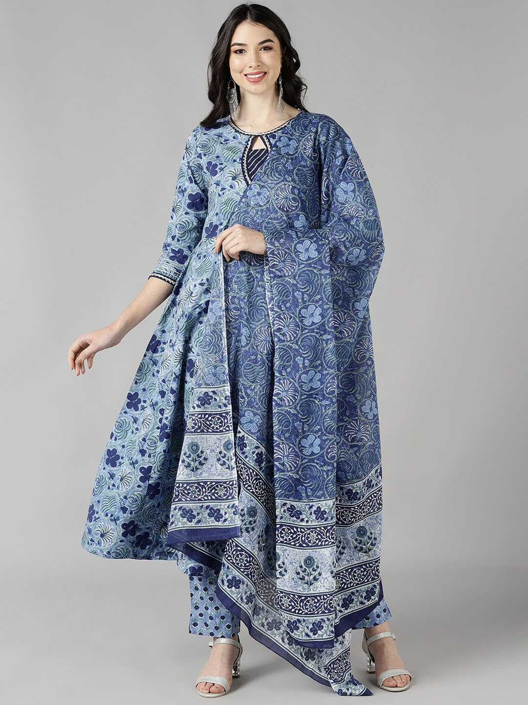 

KALINI Floral Printed A-Line Pure Cotton Kurta with Trousers & Dupatta, Blue