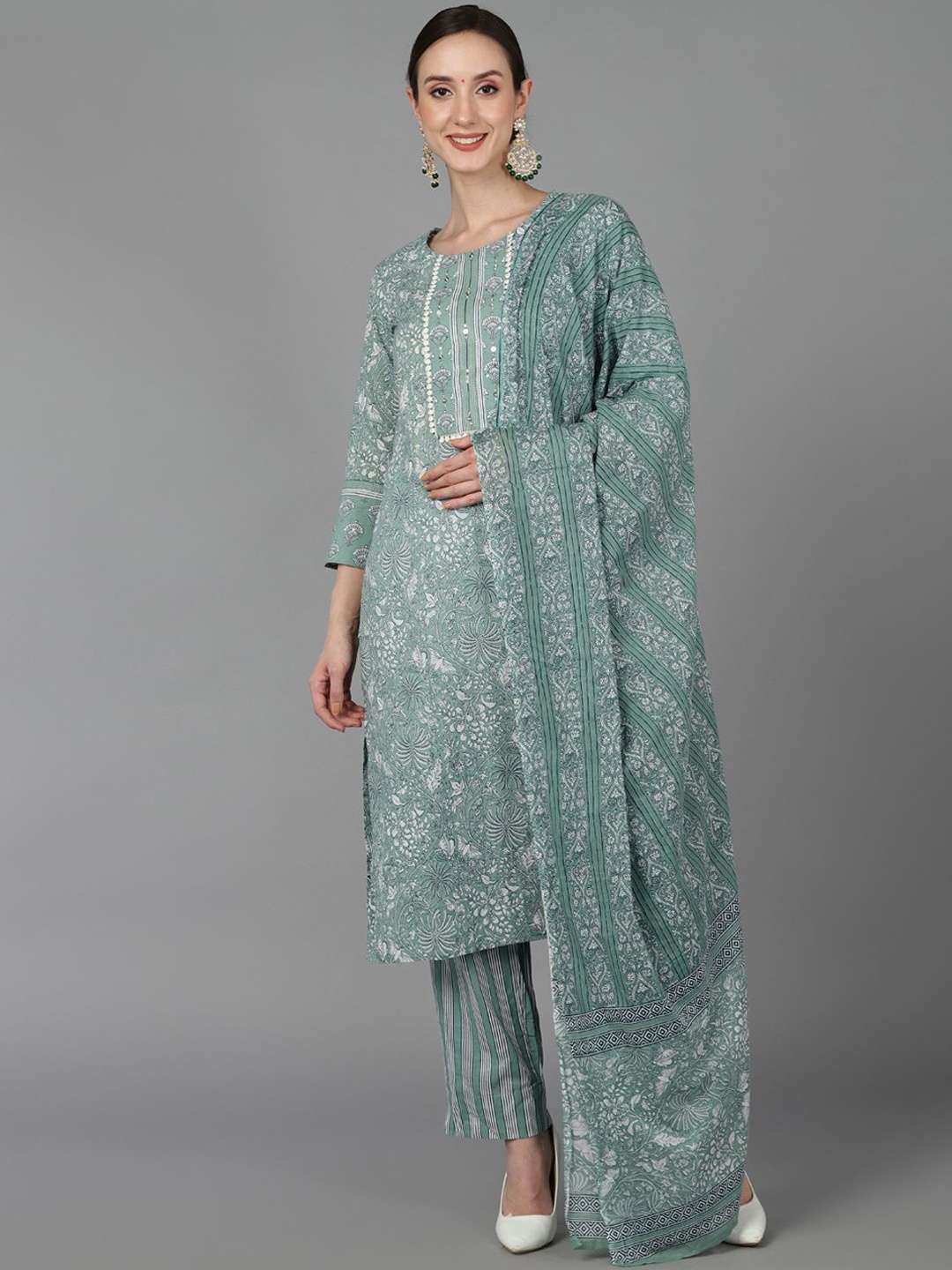 

KALINI Floral Printed Pure Cotton Straight Kurta with Trousers & Dupatta, Green