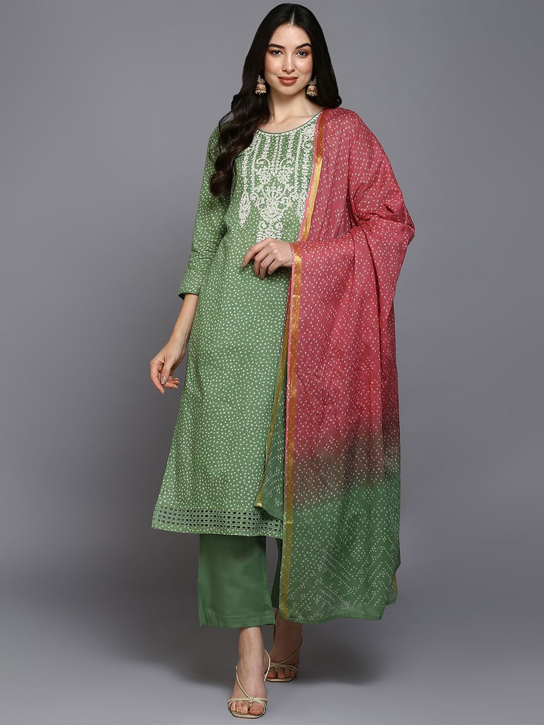 

KALINI Bandhani Printed Thread Work Pure Cotton Straight Kurta with Trousers & Dupatta, Green