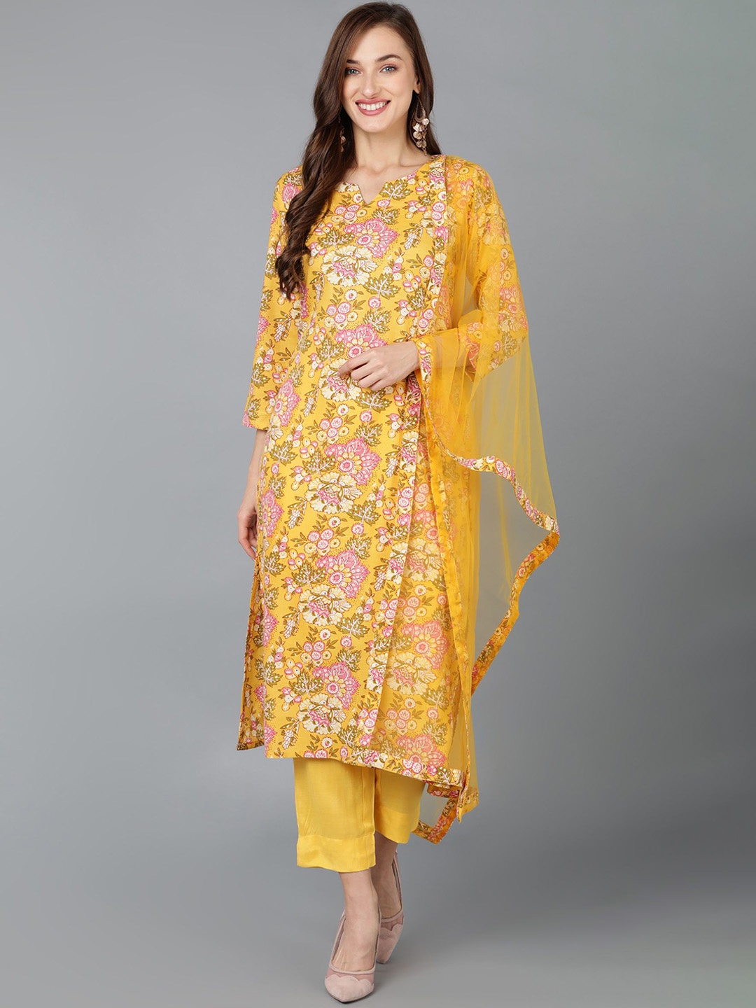 

KALINI Floral Printed Straight Kurta with Trousers & Dupatta, Yellow