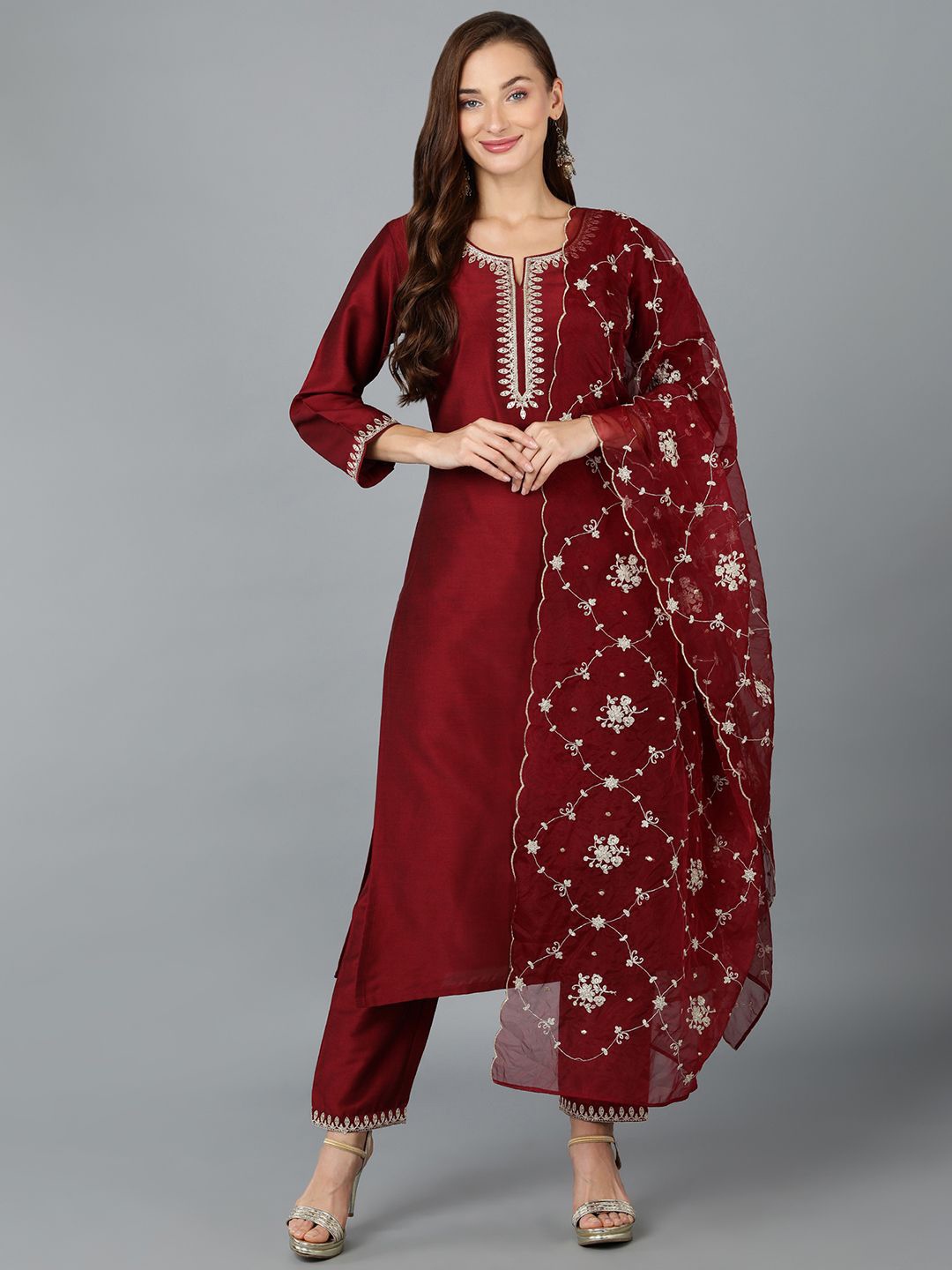 

KALINI Yoke Design Notch Neck Sequinned Straight Kurta With Trousers & Dupatta, Maroon