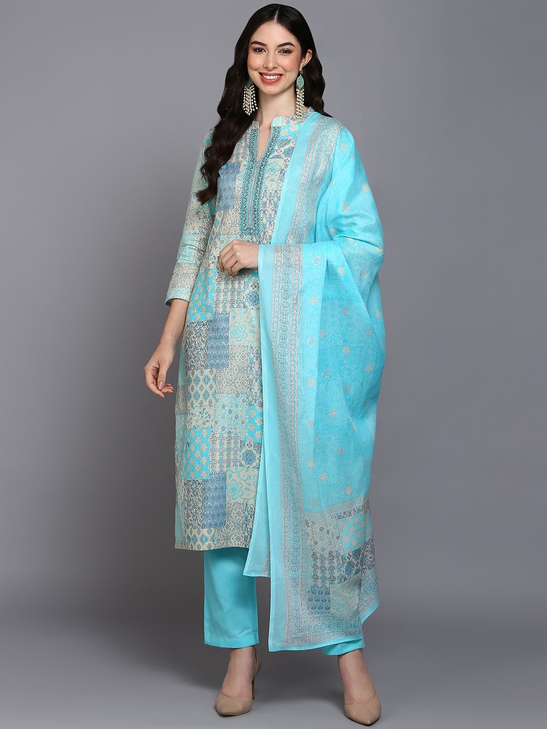 

KALINI Floral Printed Thread Work Pure Cotton Kurta with Trousers & Dupatta, Blue