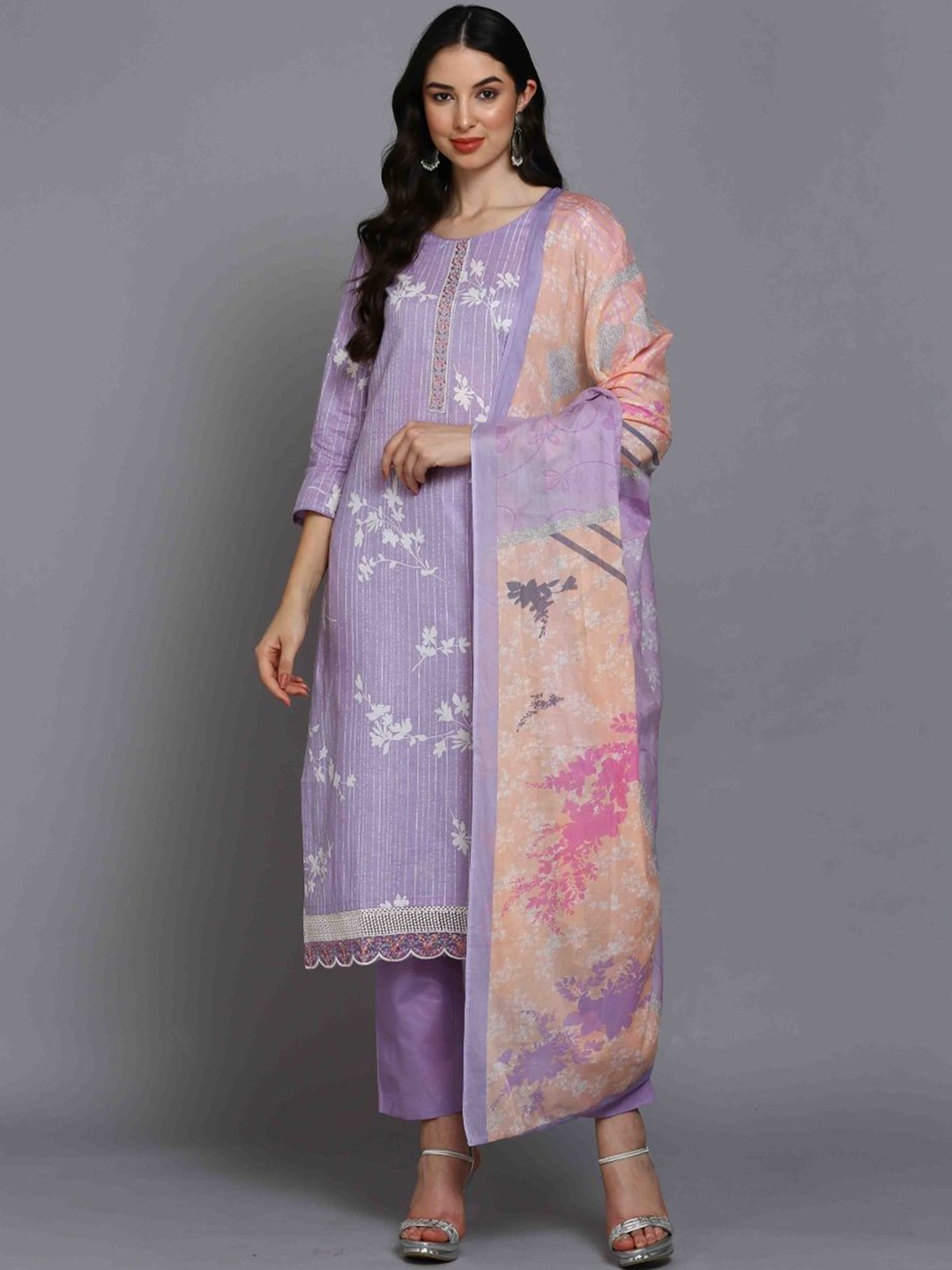 

KALINI Floral Printed Straight Kurta with Trousers & Dupatta, Lavender