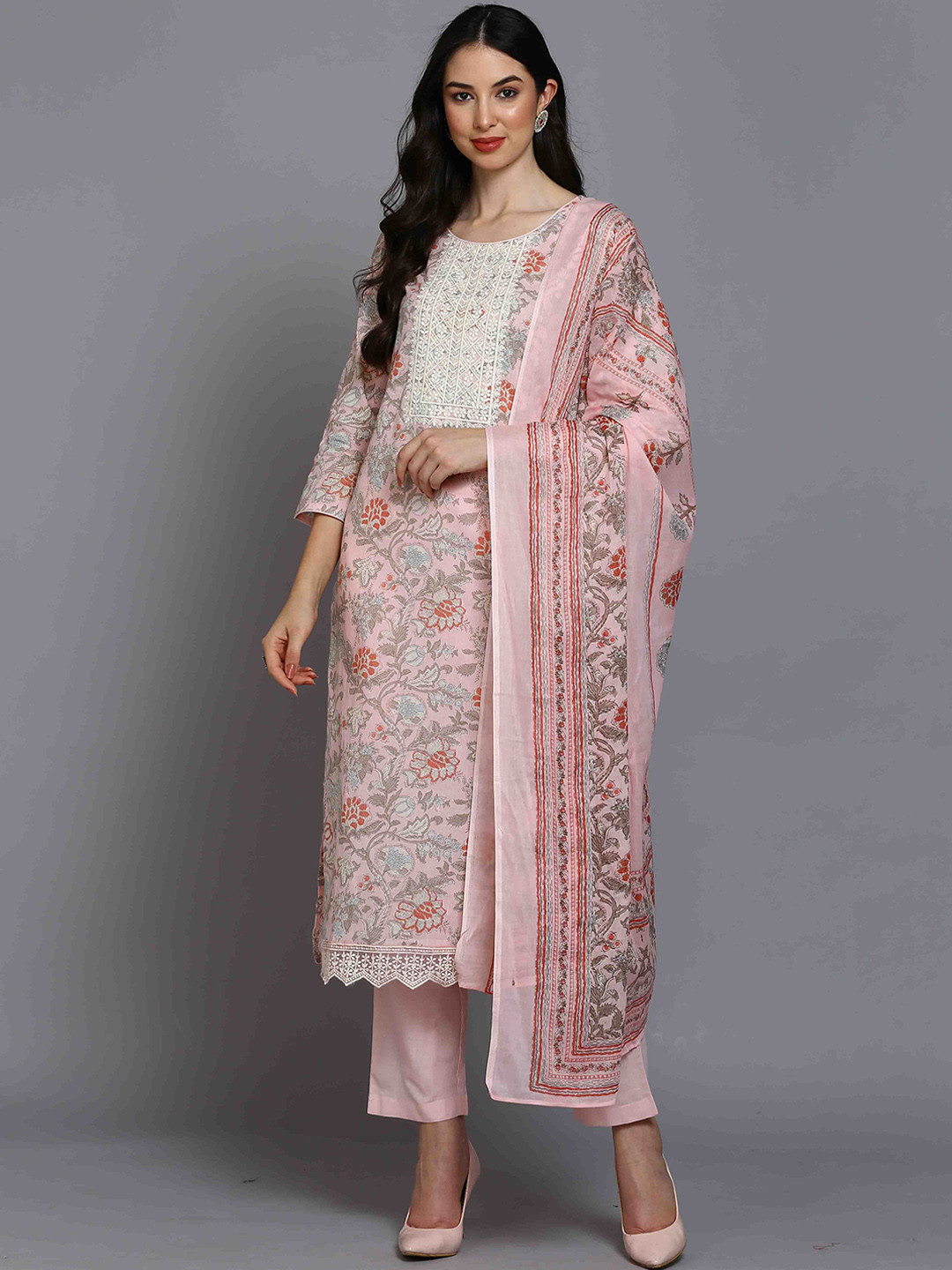 

KALINI Floral Embroidered Thread Work Kurta with Trousers & Dupatta, Pink