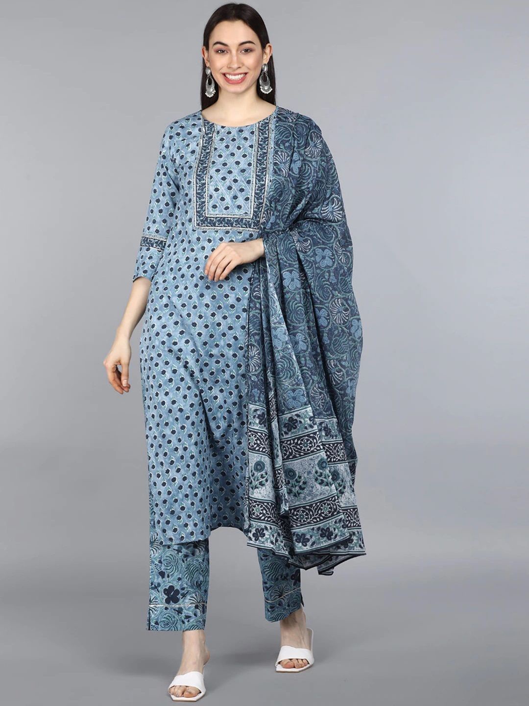 

KALINI Floral Printed Gotta Patti Pure Cotton Straight Kurta With Trousers & With Dupatta, Blue