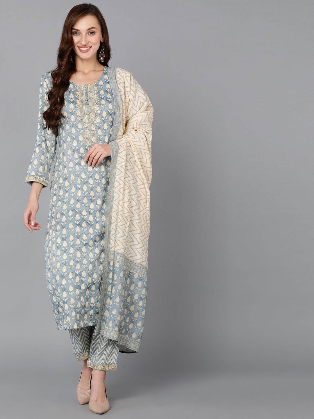 

KALINI Floral Embroidered Straight Kurta With Trousers & Dupatta, Grey