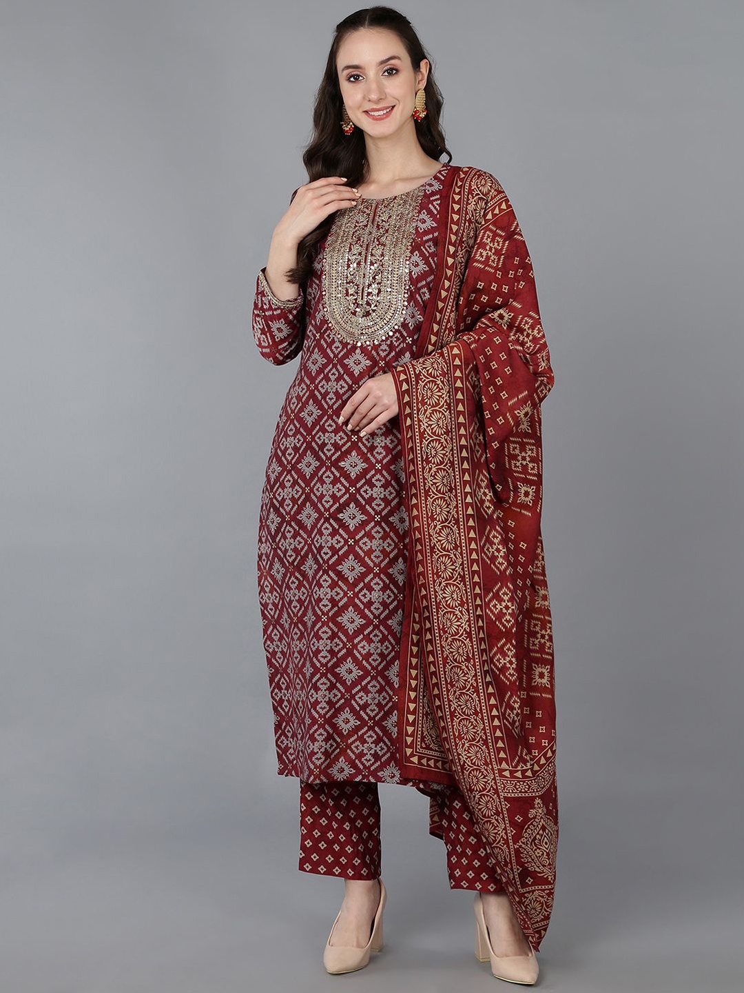 

KALINI Ethnic Motifs Embroidered Sequinned Straight Kurta With Trousers & Dupatta, Maroon
