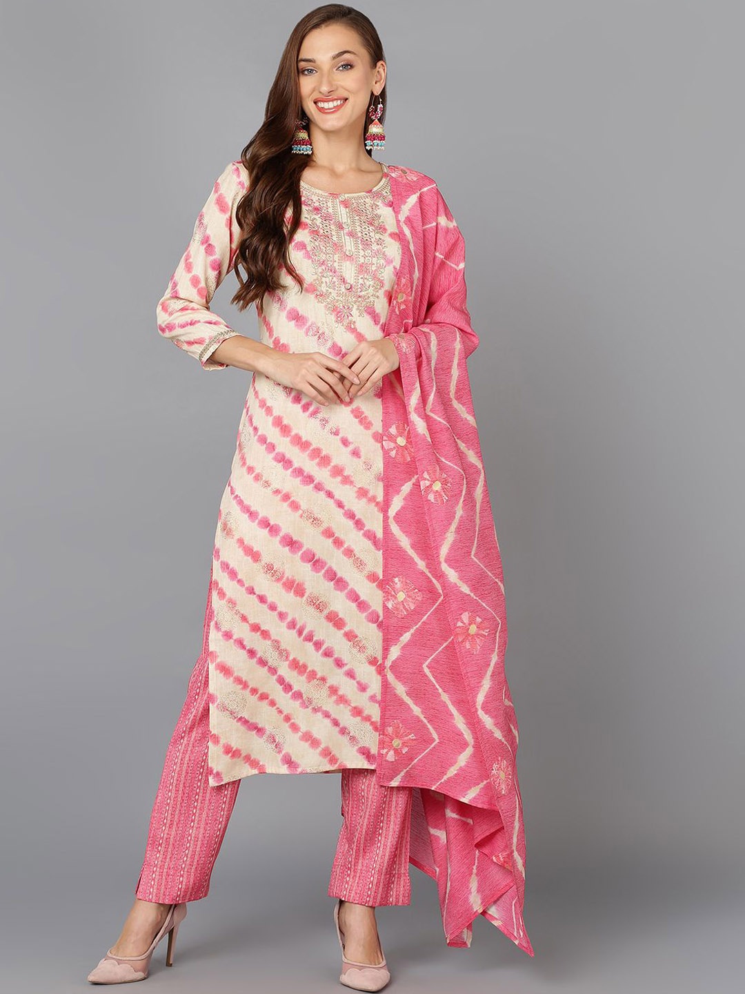 

KALINI Tie & Dye Sequinned Straight Kurta with Trousers & Dupatta, Cream