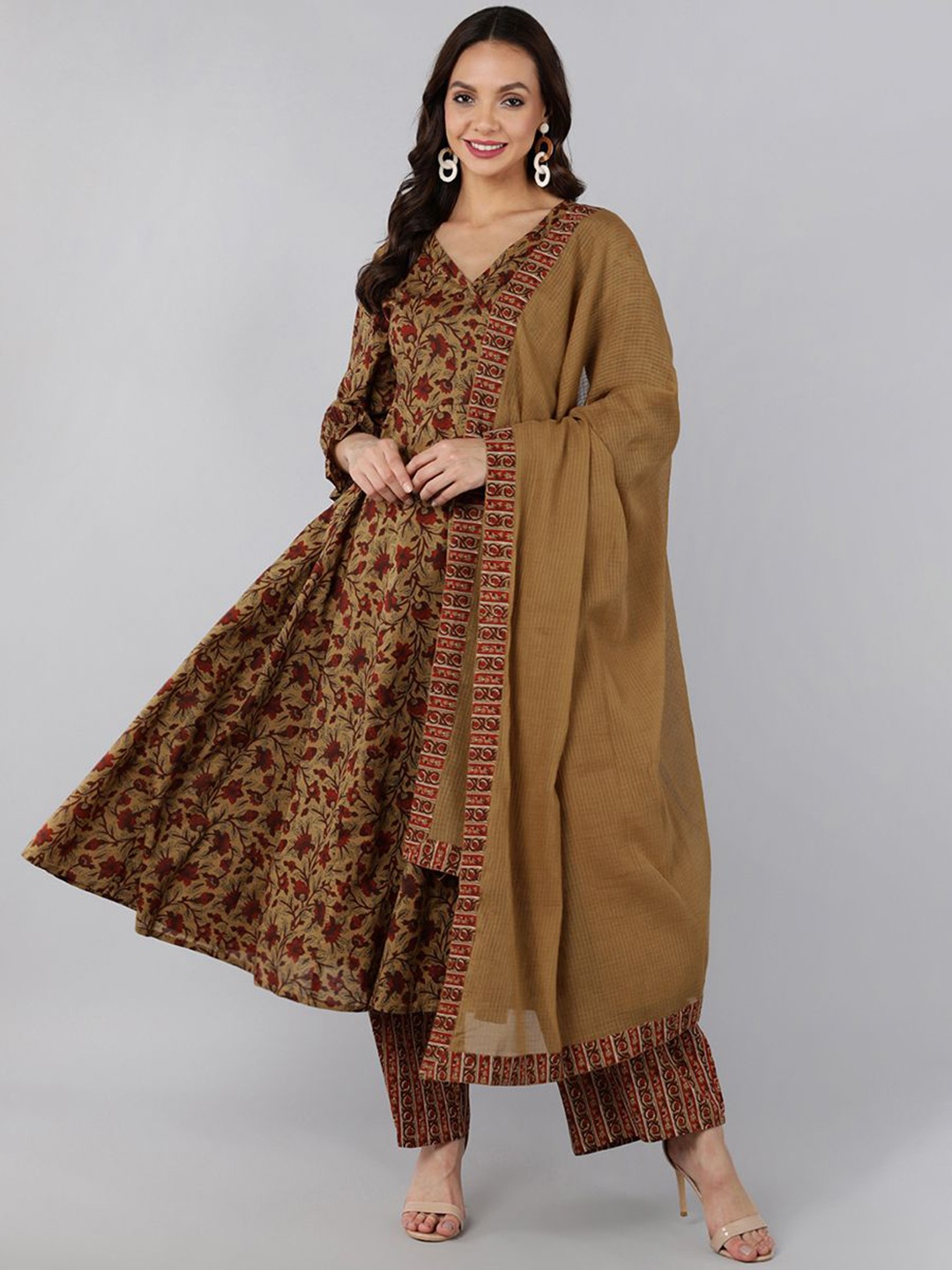 

KALINI Floral Printed Angrakha Pure Cotton Kurta With Trousers & Dupatta, Brown