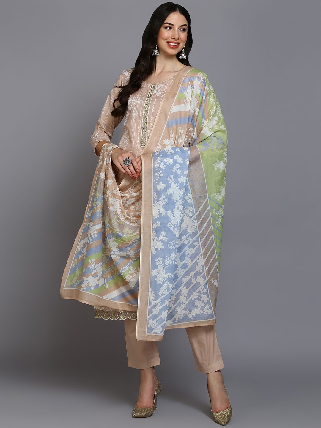 

KALINI Floral Printed Round Neck Straight Kurta With Trousers & Dupatta, Nude