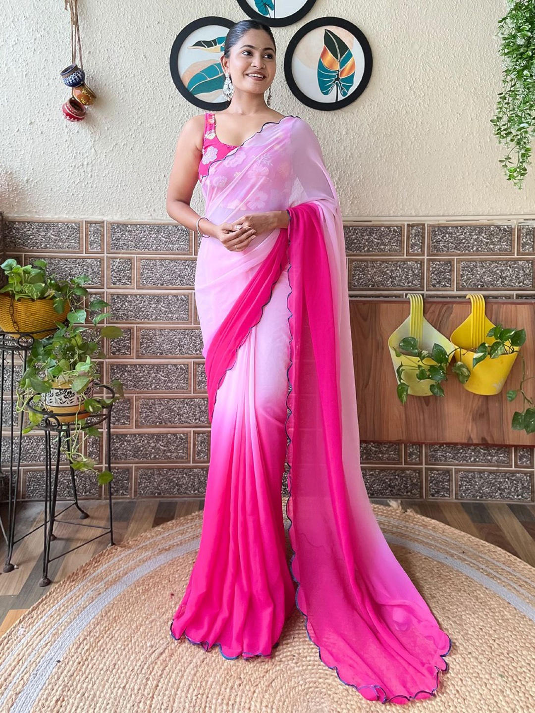 

Mitera Ombre Embroidered Saree With Blouse, Pink