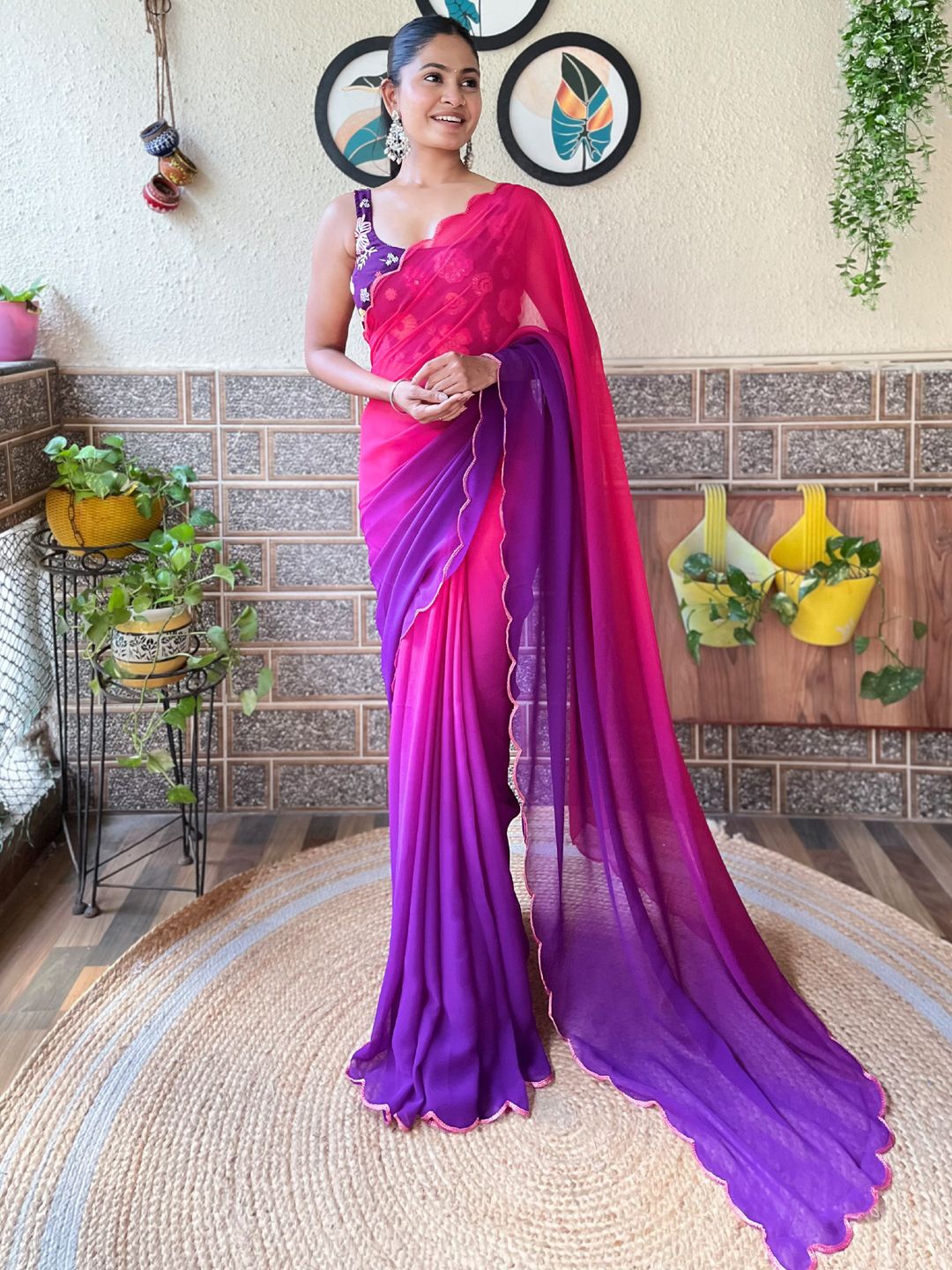 

Mitera Ombre Embroidered Saree, Pink