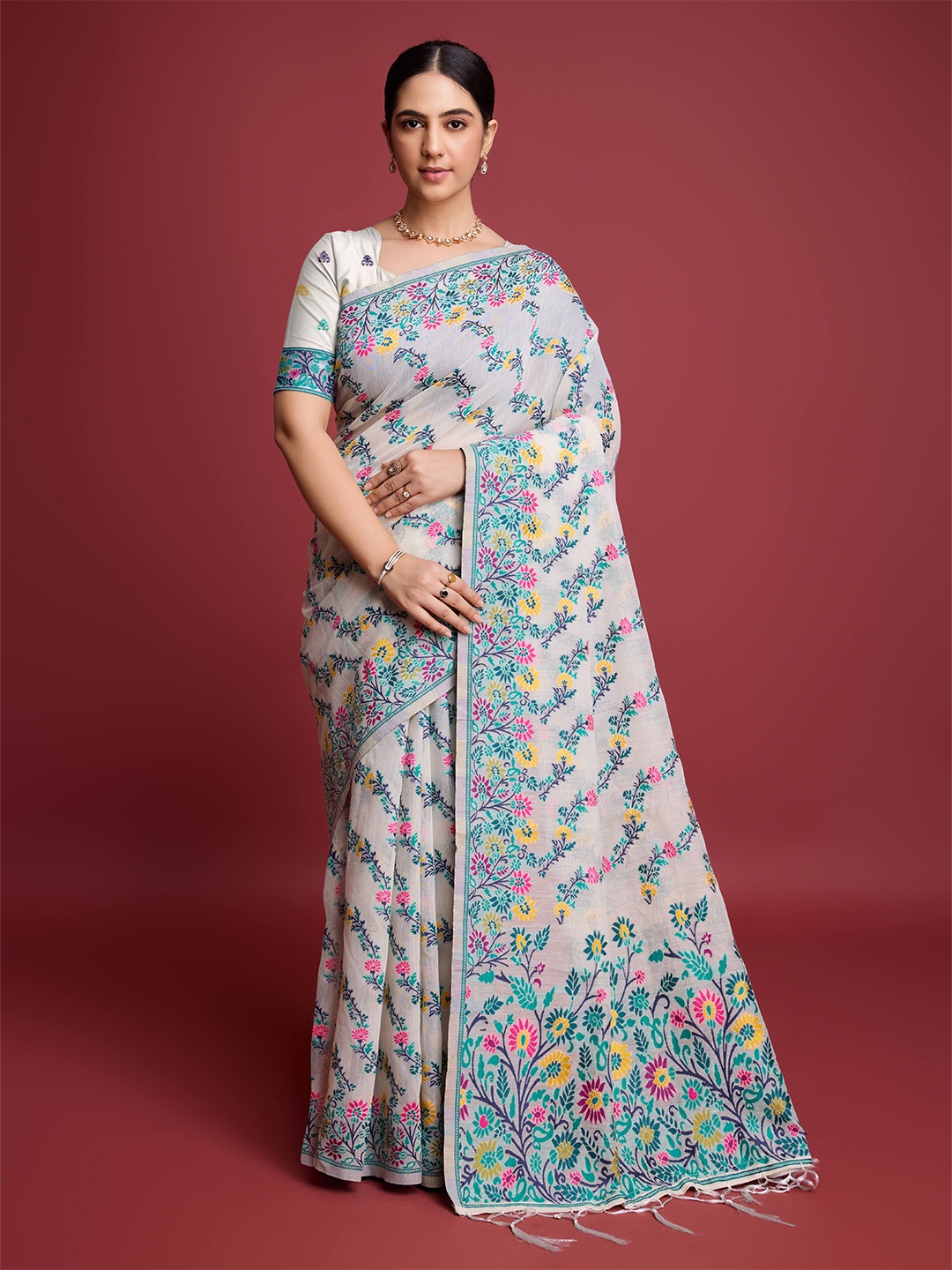 

DIVASTRI Woven Design Zari Pure Cotton Jamdani Saree, Blue