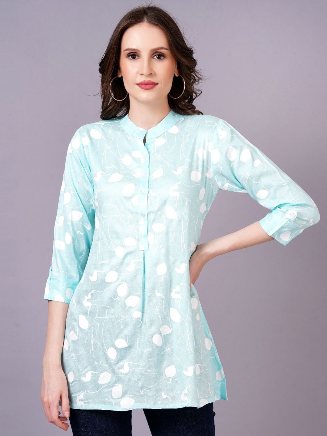 

KALINI Women Printed Mandarin Collar Shirt Style Longline Top, Blue