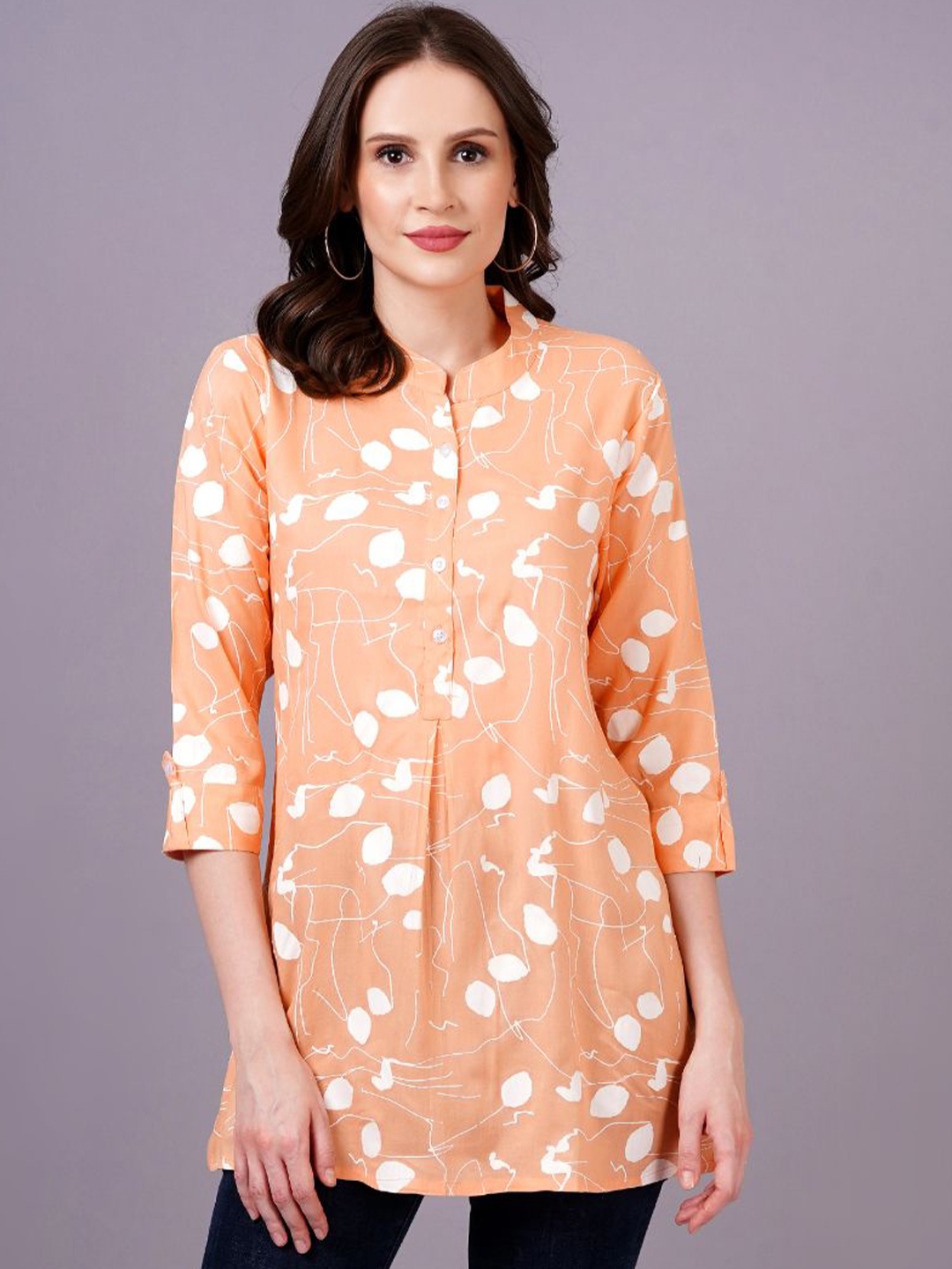 

KALINI Women Floral Print Mandarin Collar Shirt Style Longline Top, Orange