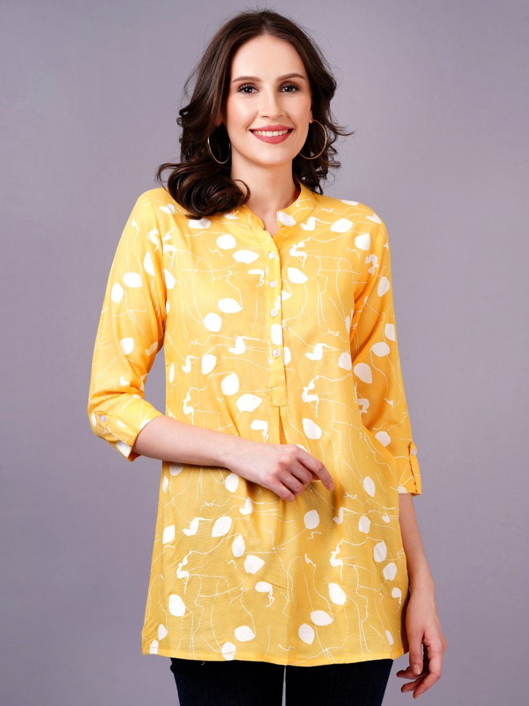 

KALINI Women Yellow Floral Print Mandarin Collar Three-Quarter Sleeve Shirt Style Top