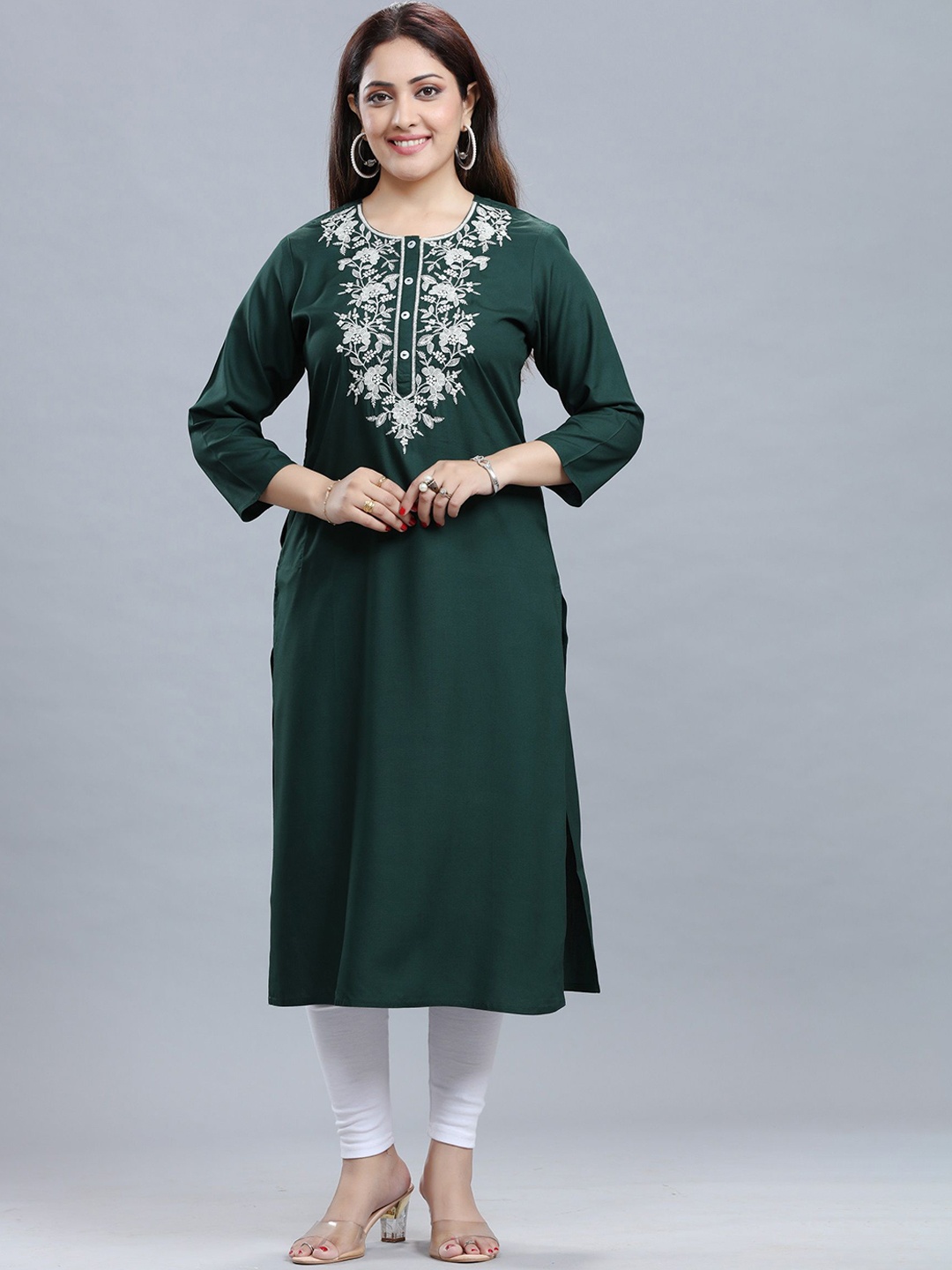 

COTTON CULTURE Floral Yoke Design Thread Work Straight Kurta, Green