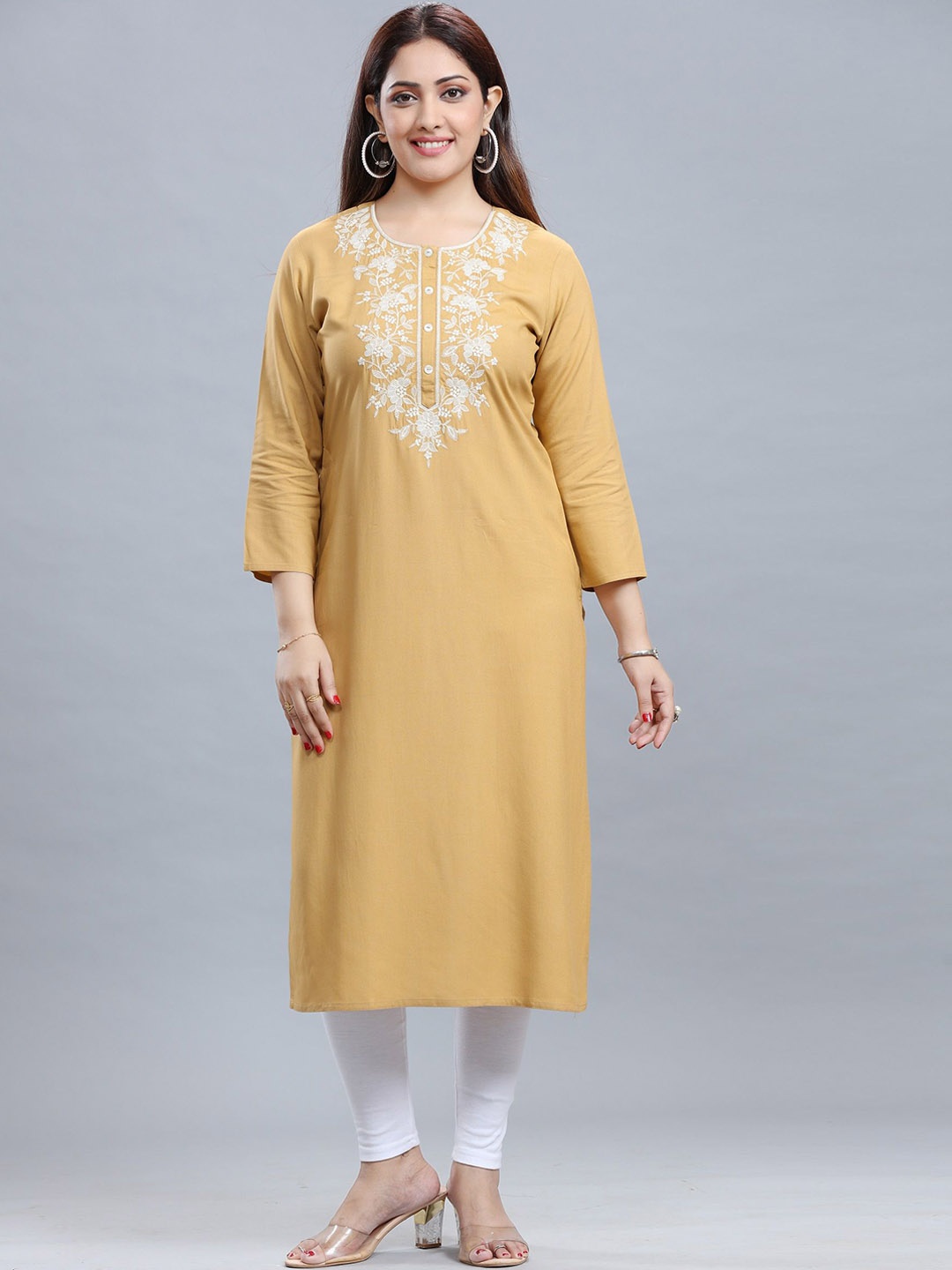 

COTTON CULTURE Floral Yoke Design Thread Work Straight Kurta, Mustard