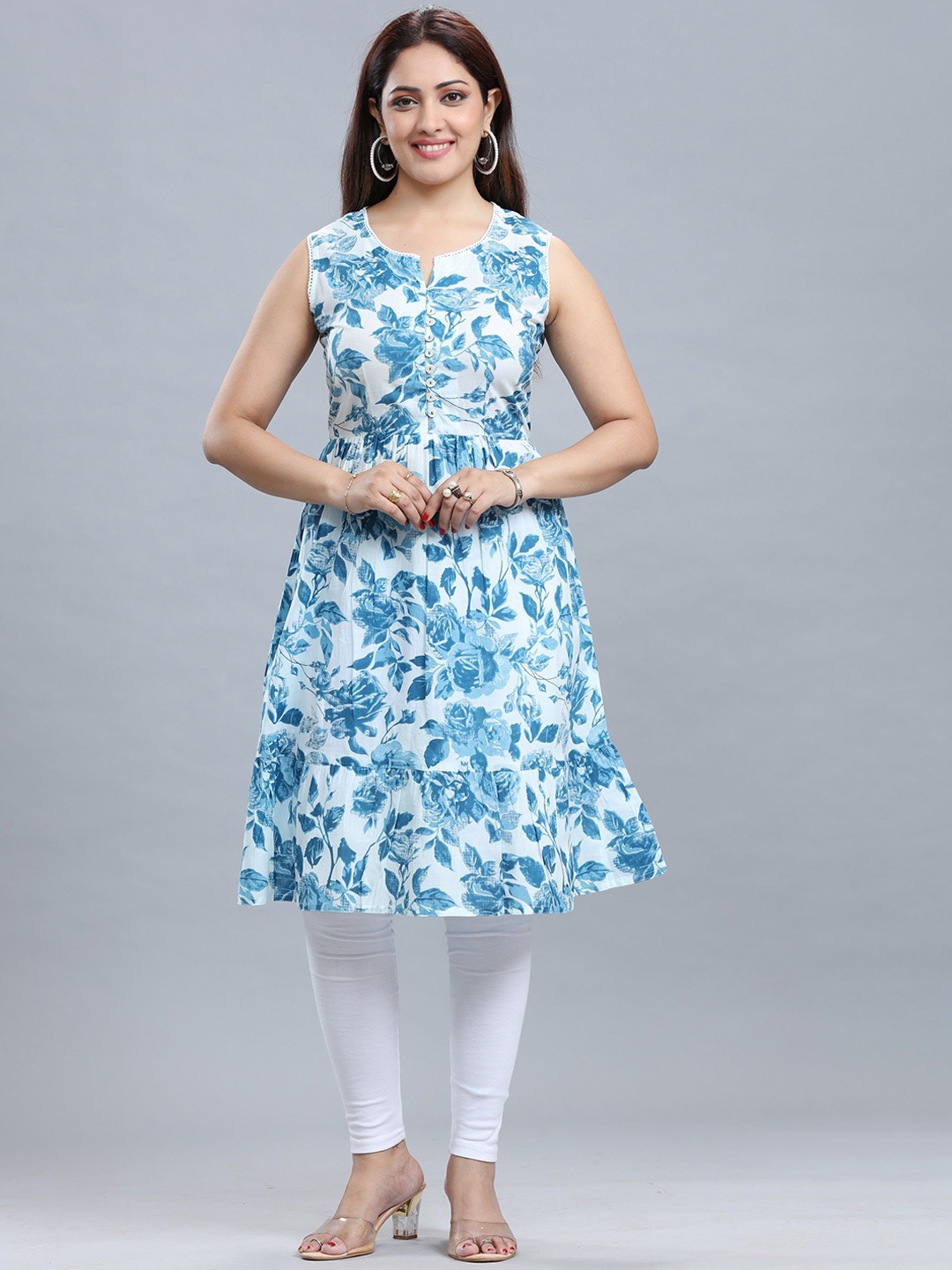 

COTTON CULTURE Floral Printed Sleeveless Empire Cotton A-Line Kurta, Blue