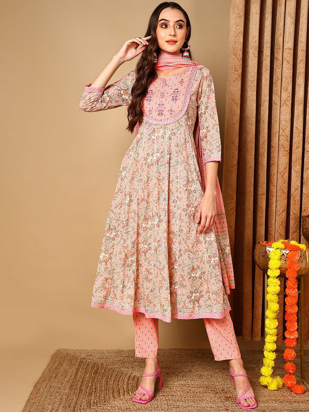 

KALINI Floral Printed Thread Work Pure Cotton Anarkali Kurta with Trousers & Dupatta, Peach