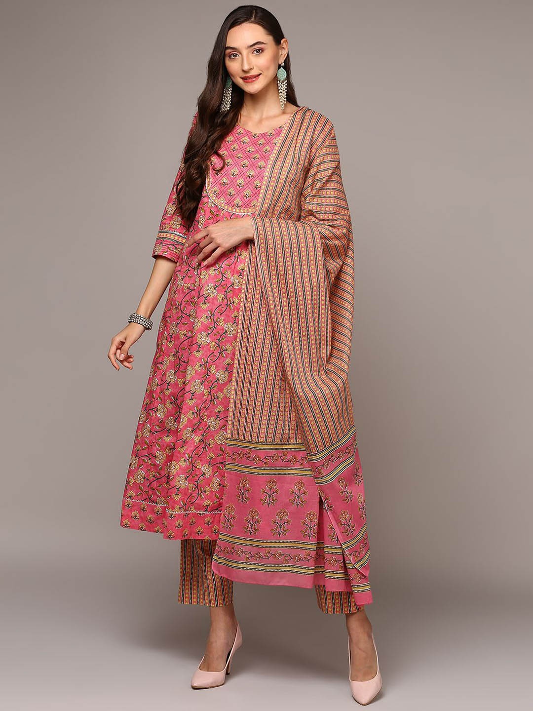 

KALINI Floral Printed A-Line Pure Cotton Kurta with Trousers & Dupatta, Pink