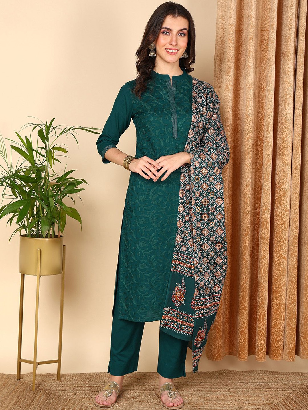 

KALINI Embroidered Mandarin Collar Pure Cotton Straight Kurta With Trousers & Dupatta, Teal