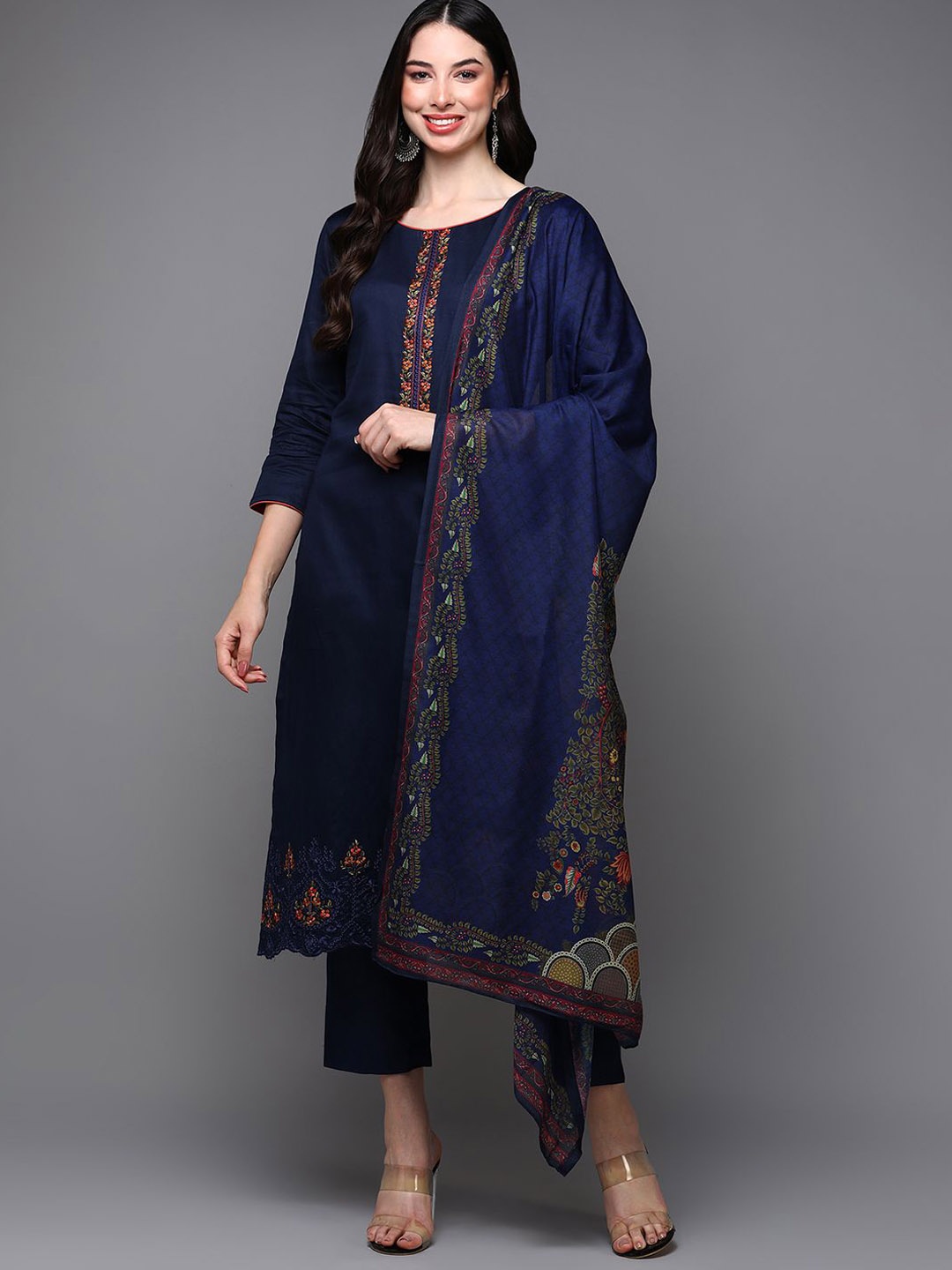 

KALINI Floral Yoke Design Thread Work Kurta with Trousers & Dupatta, Navy blue