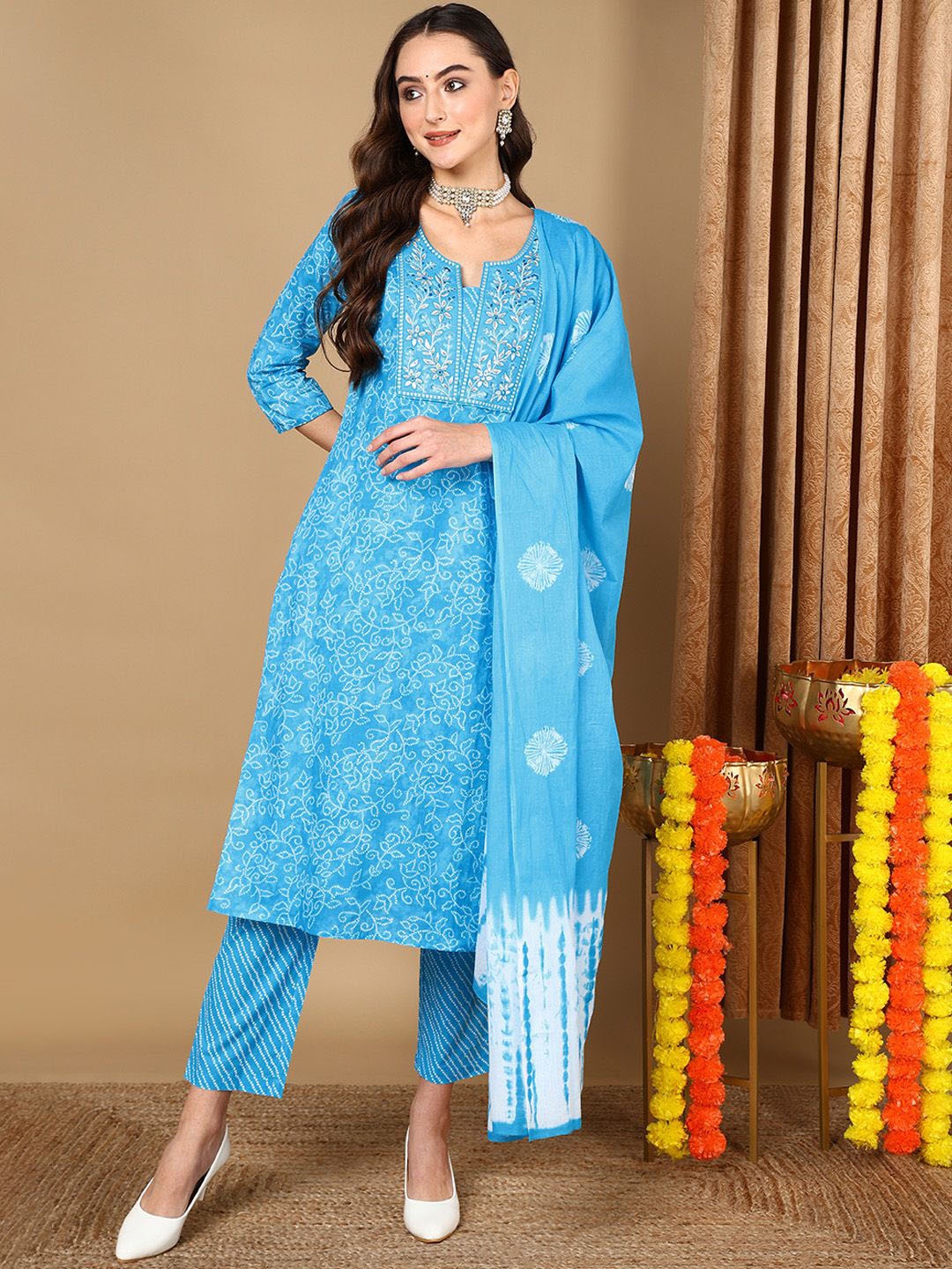

KALINI Bandhani Embroidered Thread Work Pure Cotton Straight Kurta with Trousers & Dupatta, Blue