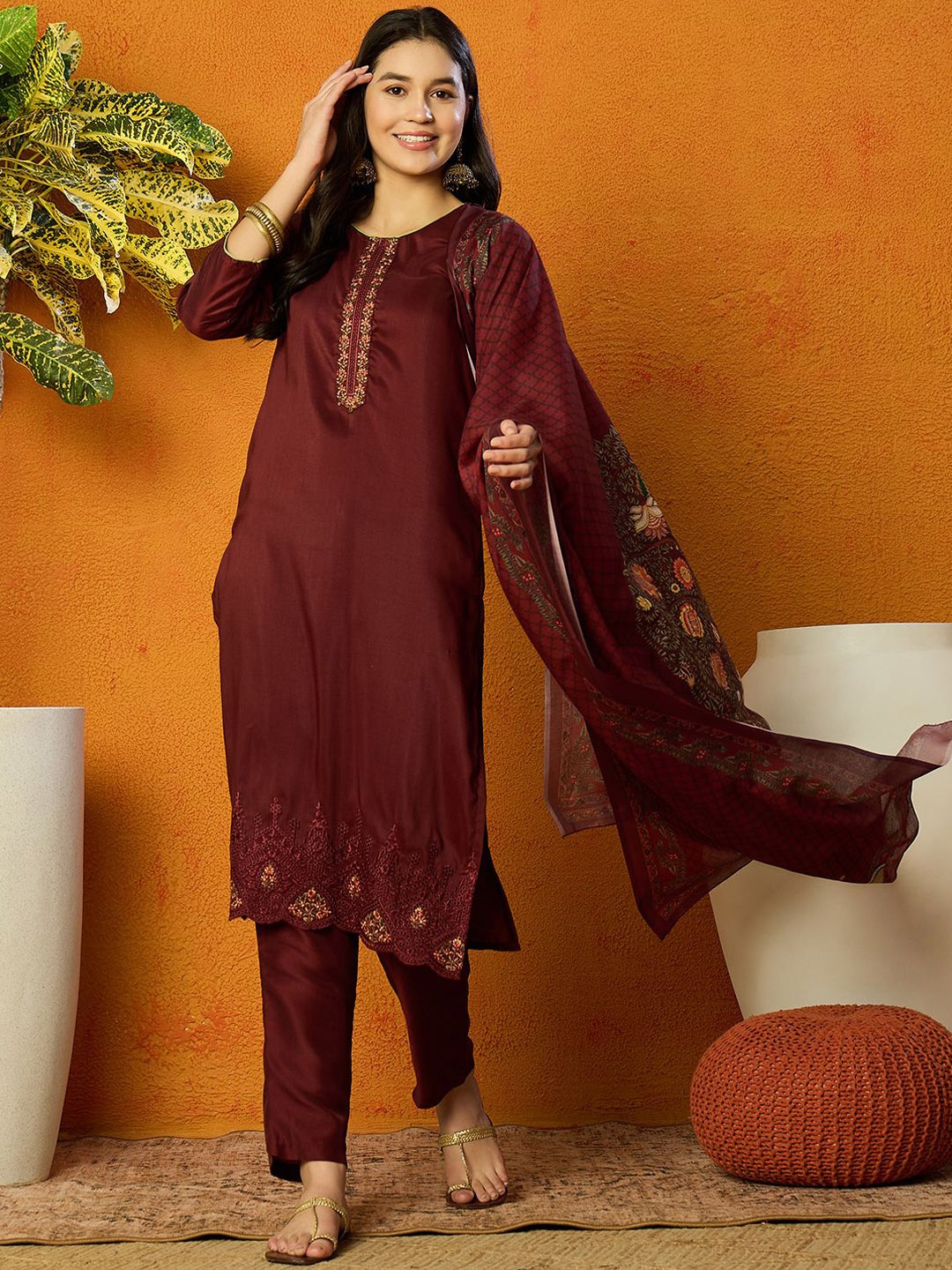 

KALINI Floral Embroidered Straight Kurta with Trousers & Dupatta, Maroon