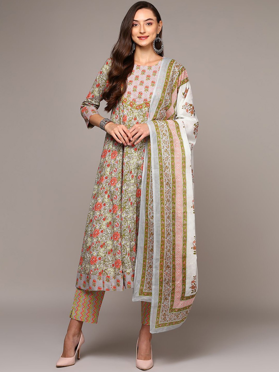 

KALINI Floral Printed Pure Cotton Anarkali Kurta with Trousers & Dupatta, Grey