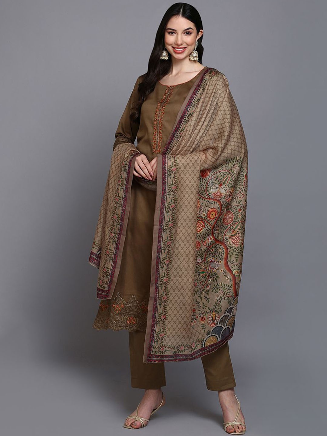

KALINI Floral Embroidered Thread Work Straight Kurta With Trousers & Dupatta, Khaki