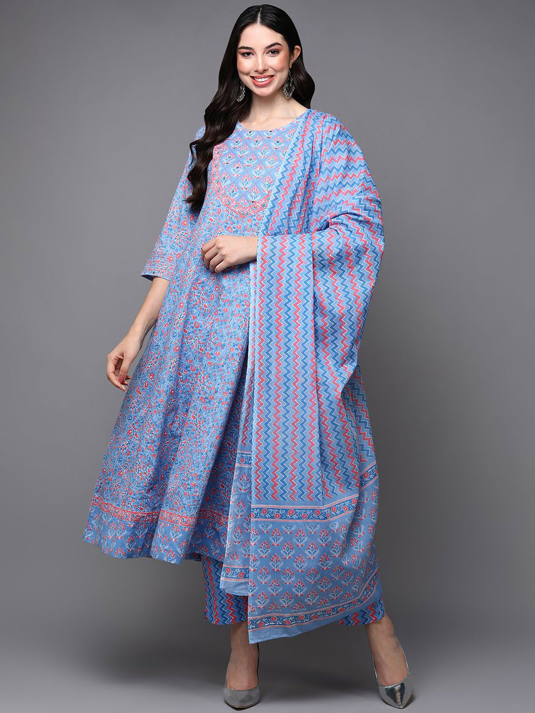 

KALINI Floral Printed Pure Cotton Anarkali Kurta with Trousers & Dupatta, Blue