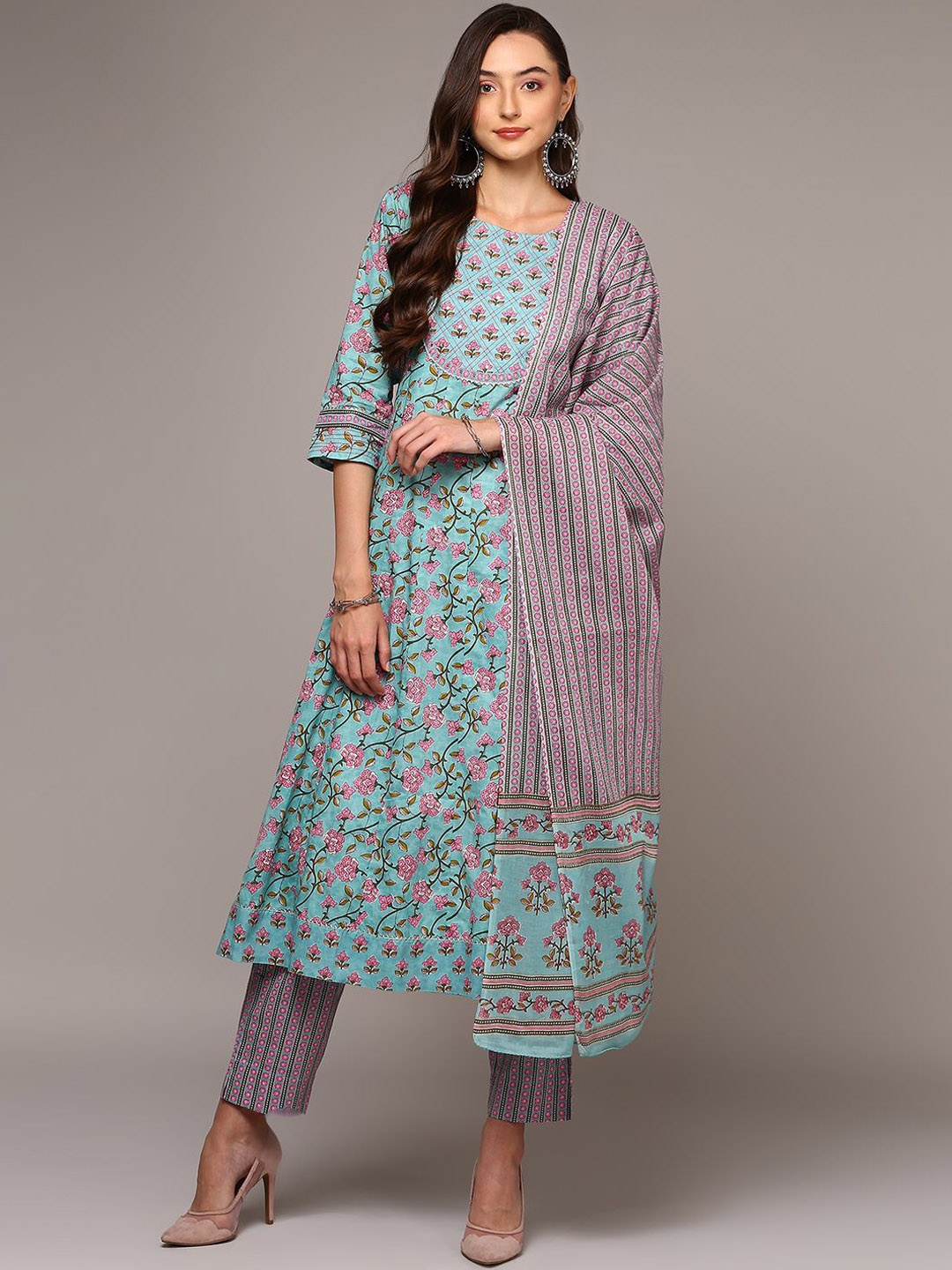 

KALINI Floral Printed Round Neck Pure Cotton Anarkali Kurta With Trousers & Dupatta, Blue