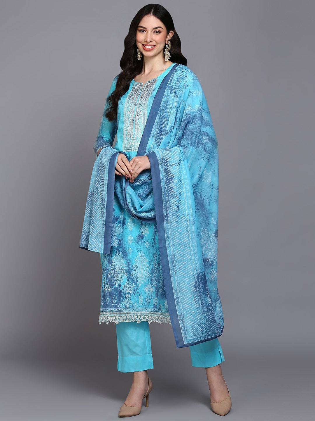 

KALINI Ethnic Motifs Printed Thread Work Pure Cotton Kurta with Trousers & Dupatta, Blue