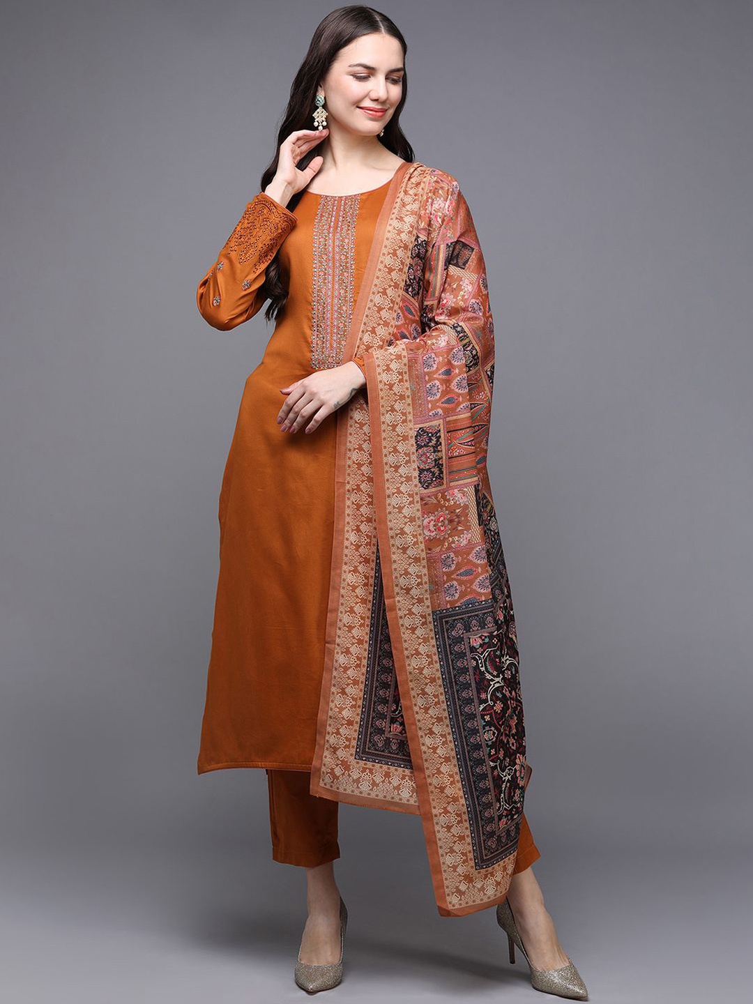 

KALINI Floral Yoke Design Straight Thread Work Pure Cotton Kurta with Trousers & Dupatta, Orange