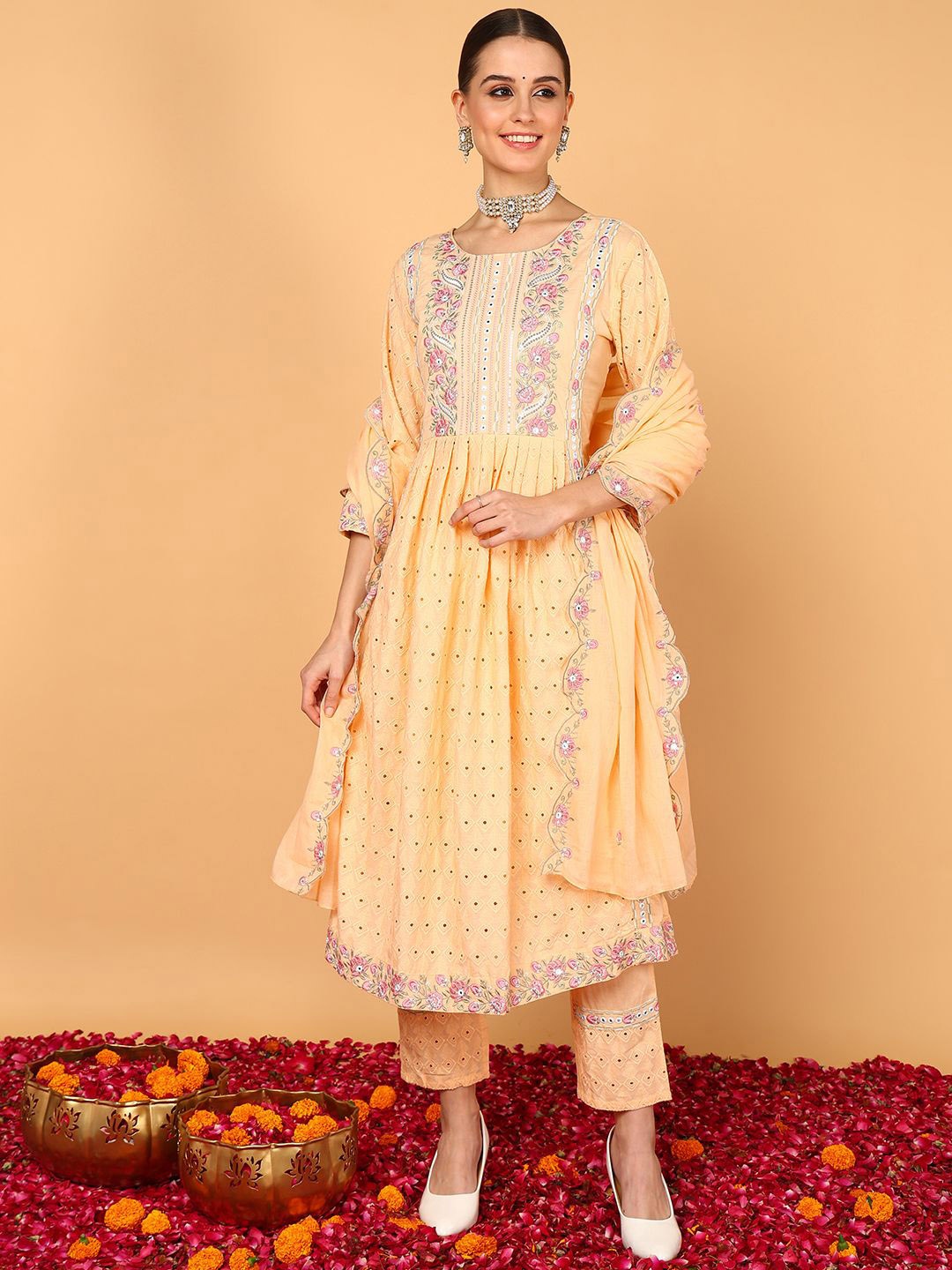

KALINI Floral Embroidered Panelled Pure Cotton A-Line Kurta with Trousers & Dupatta, Orange