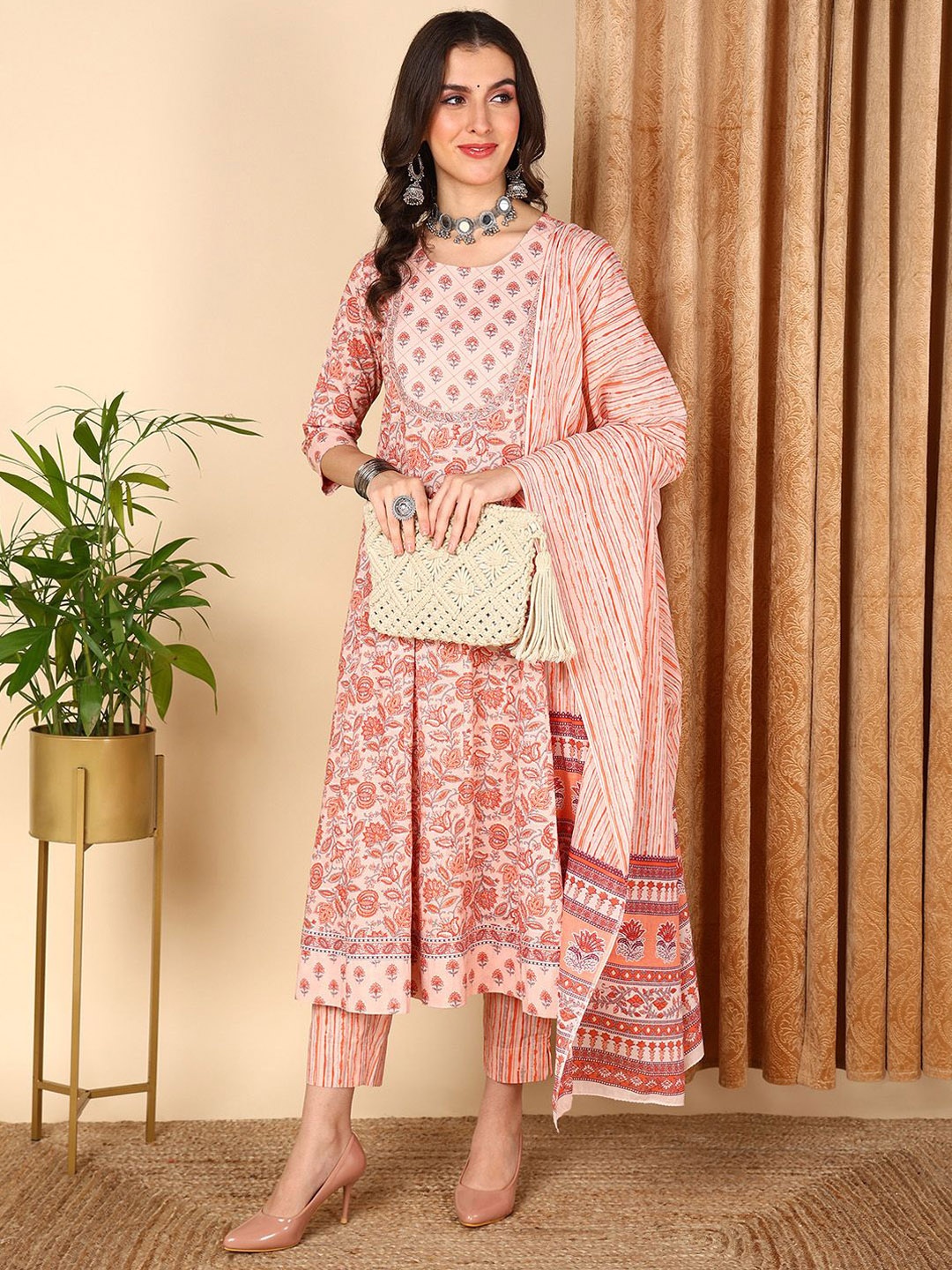 

KALINI Floral Printed Empire Sequinned Pure Cotton Anarkali Kurta With Trousers & Dupatta, Peach