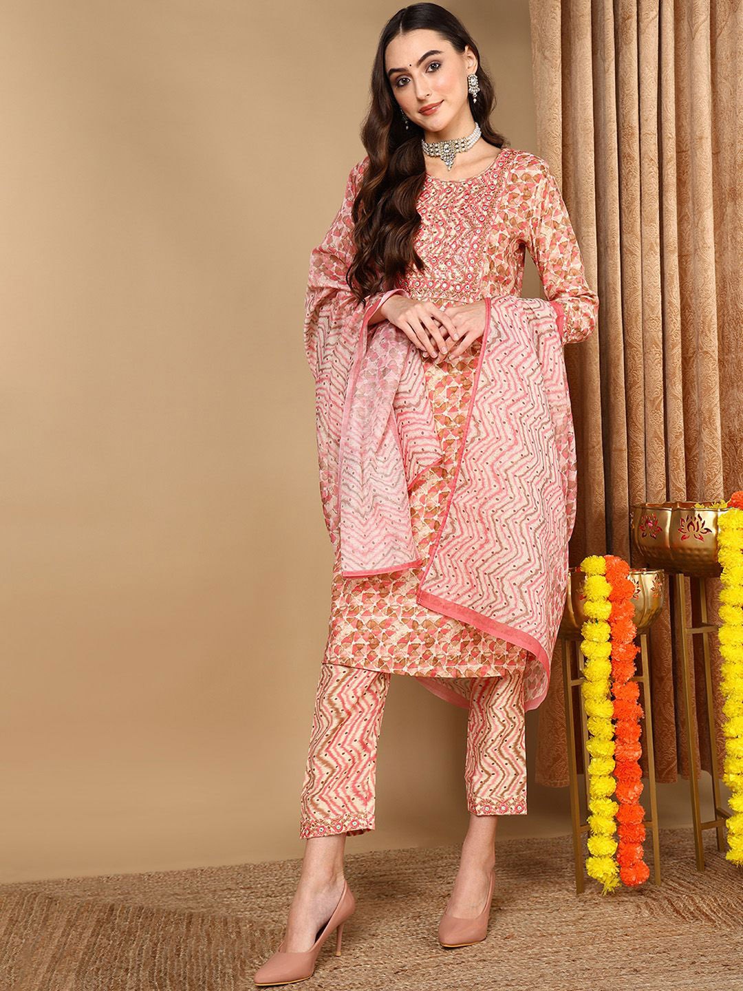 

KALINI Floral Printed Mirror Work Pure Cotton Straight Kurta with Trousers & Dupatta, Pink