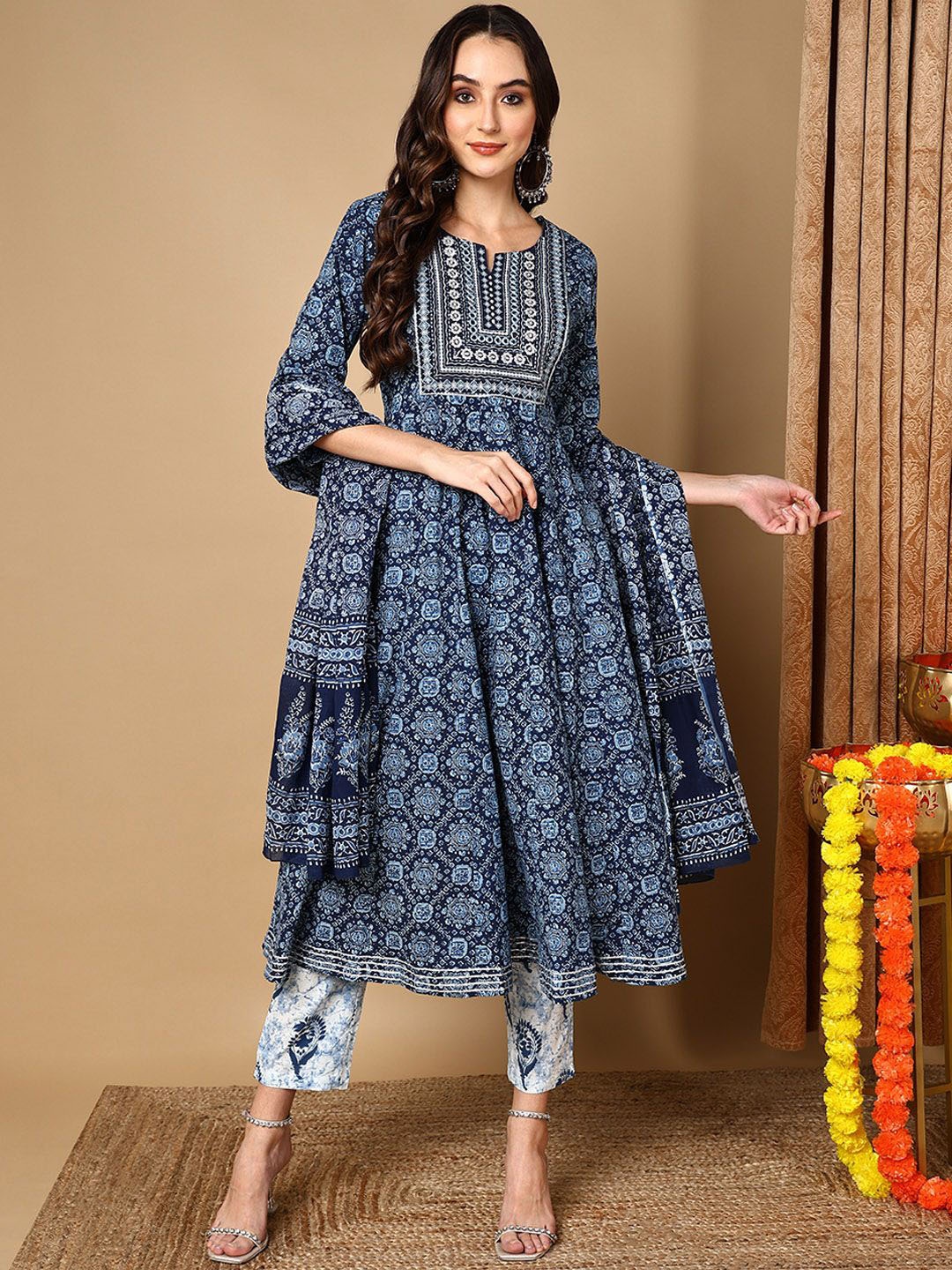

KALINI Motifs Printed Mirror Work Pure Cotton Anarkali Kurta with Trousers & Dupatta, Blue