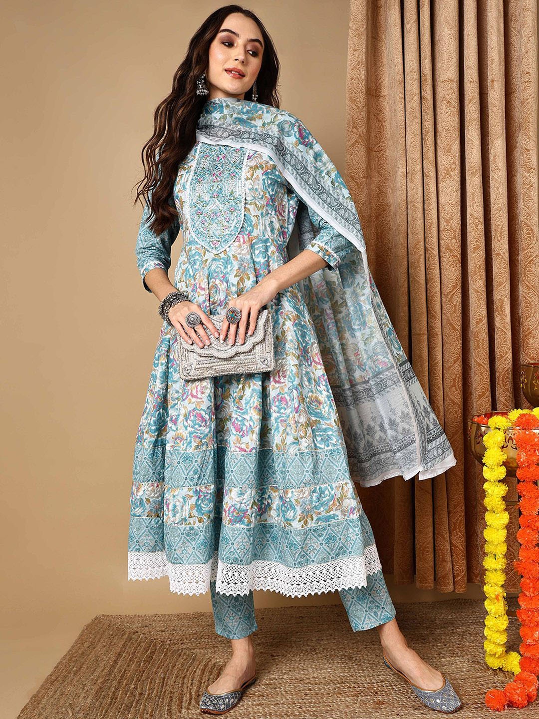 

KALINI Floral Printed Thread Work Anarkali Pure Cotton Kurta With Trousers & Dupatta, Blue
