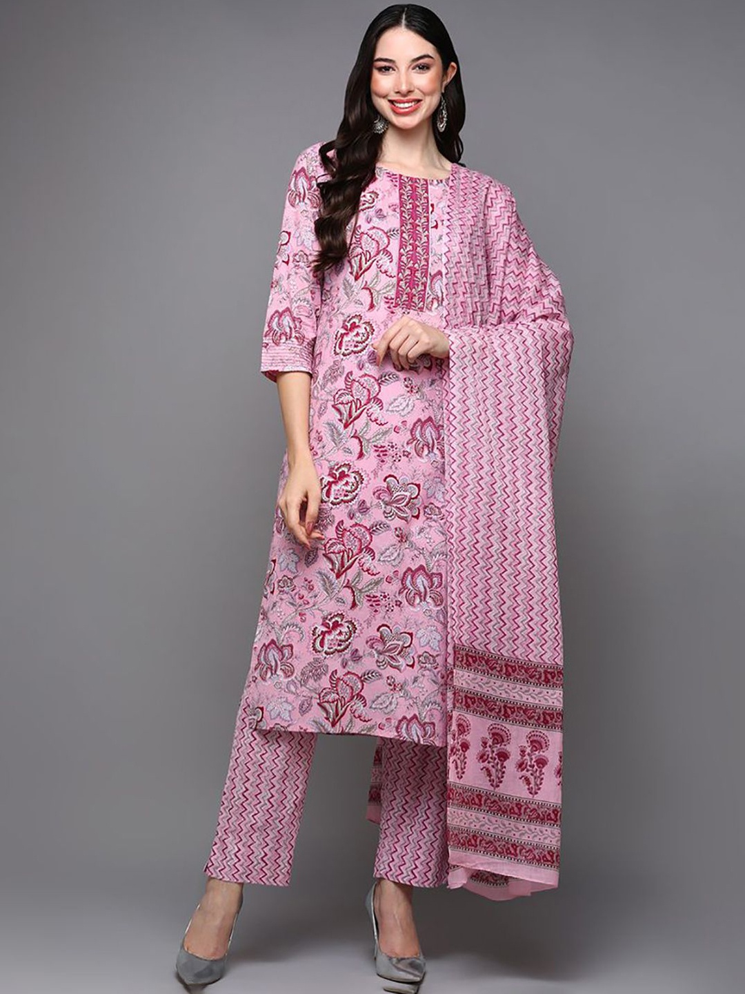 

KALINI Floral Printed Regular Pure Cotton Kurta with Trousers & Dupatta, Pink