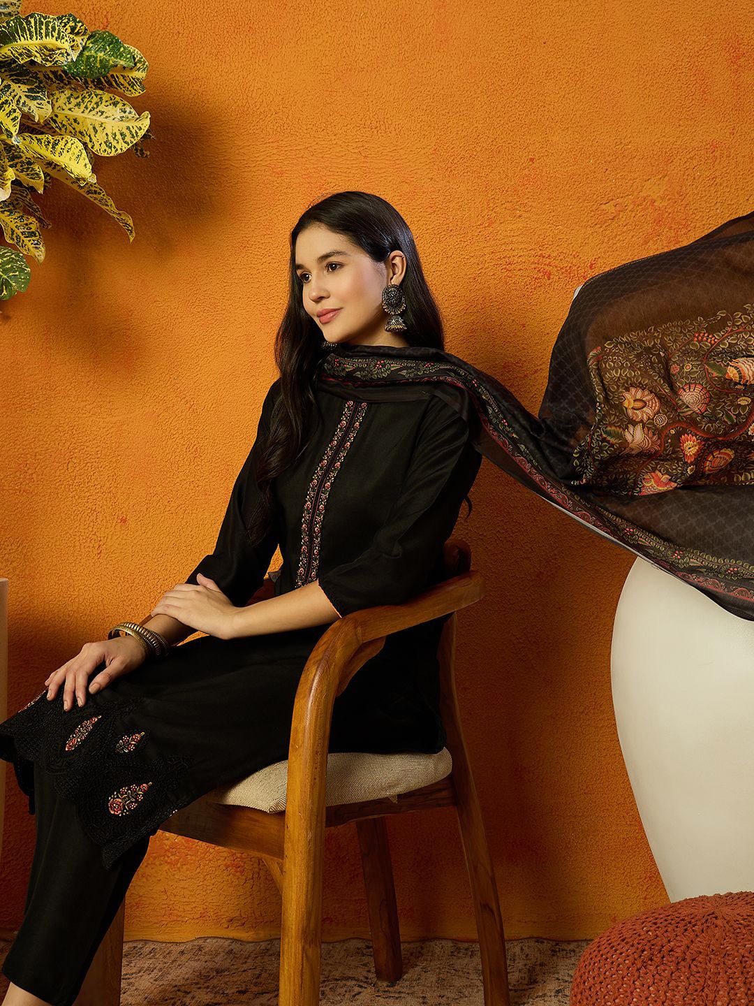

KALINI Floral Embroidered Thread Work Straight Kurta With Trousers & Dupatta, Black