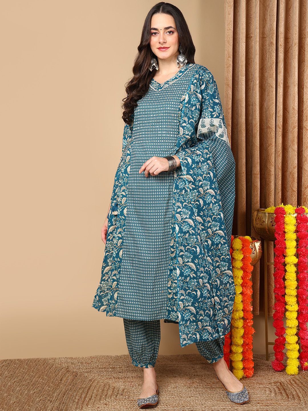 

KALINI Geometric Printed V-Neck Pure Cotton A-Line Kurta with Salwar & Dupatta, Teal