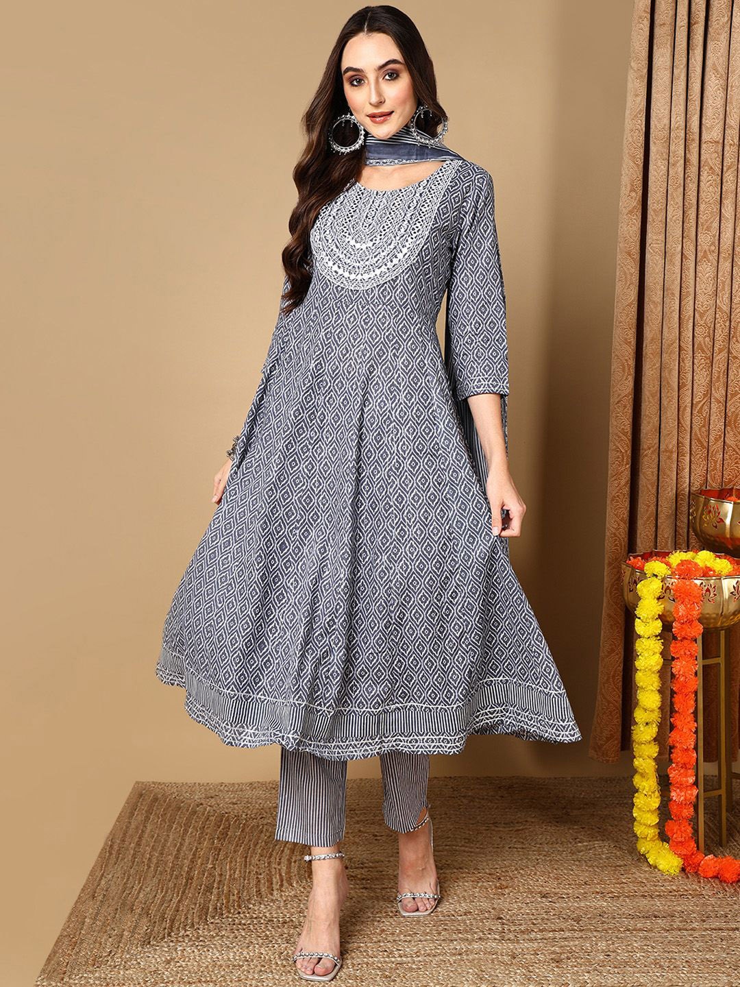 

KALINI Geometric Printed Mirror Work Pure Cotton A-Line Kurta with Trousers & Dupatta, Grey