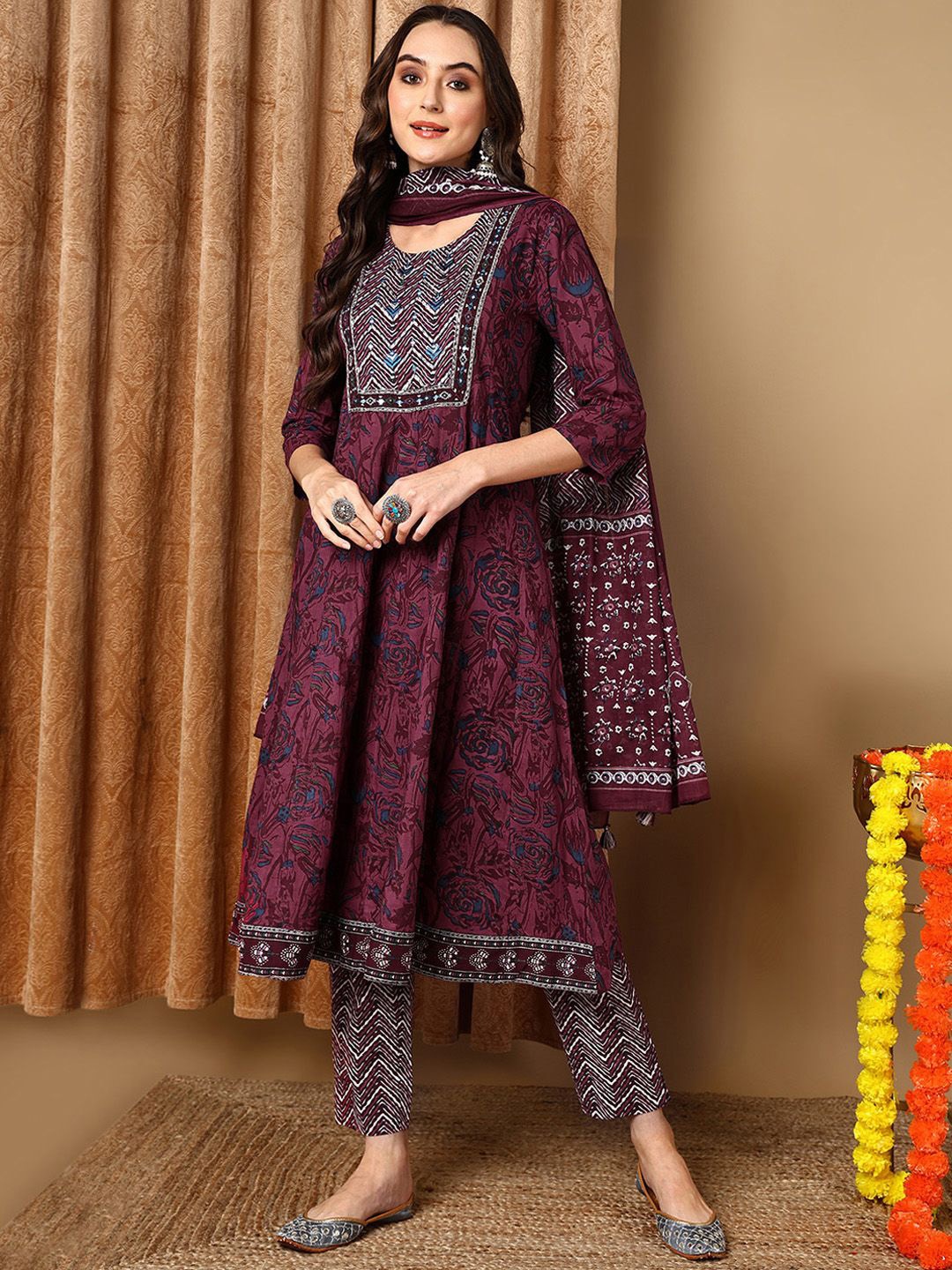 

KALINI Floral Embroidered Thread Work Pure Cotton Kurta with Trousers & Dupatta, Magenta