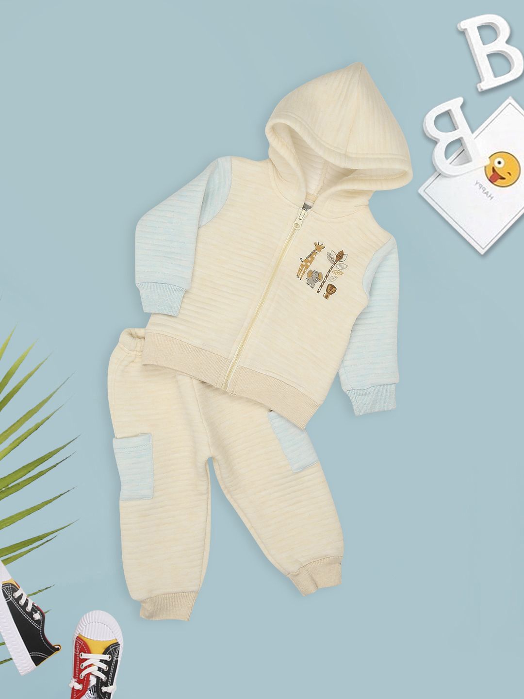 

MeeMee Boys Self Design Hooded T-shirt With Joggers, Beige