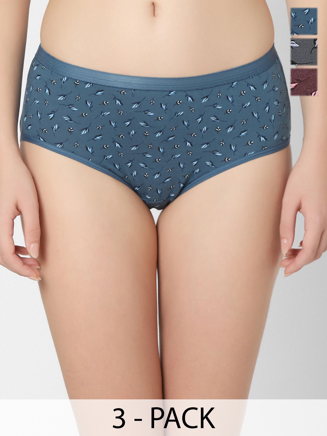 

Juliet Pack of 3 Mid Rise Cotton Printed Assorted Hipster Briefs 6884-3XL, Grey