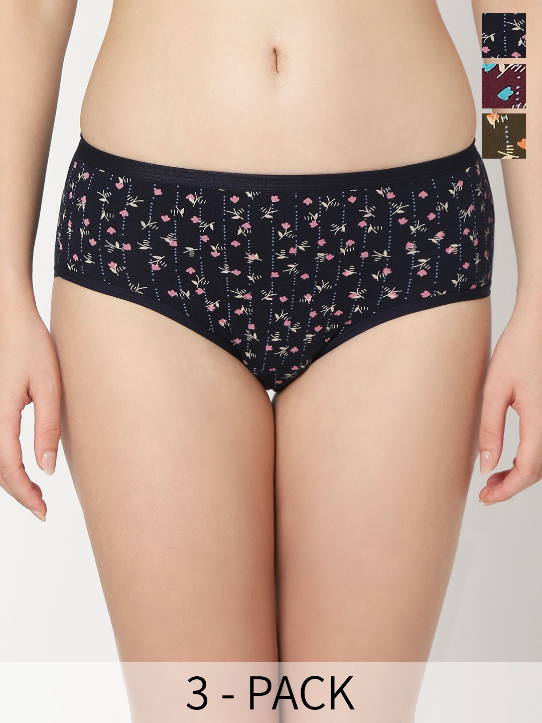

Juliet Women Pack of 3 Mid Rise Cotton Printed Assorted Hipster, Black