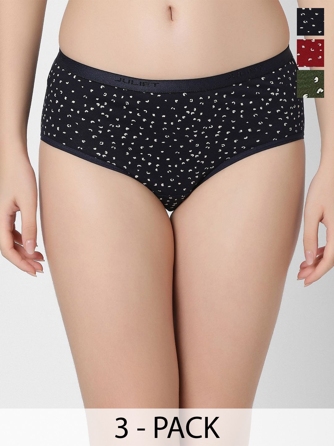

Juliet Pack of 3 Women Mid Rise Printed Cotton Assorted Hipster Brief, Black